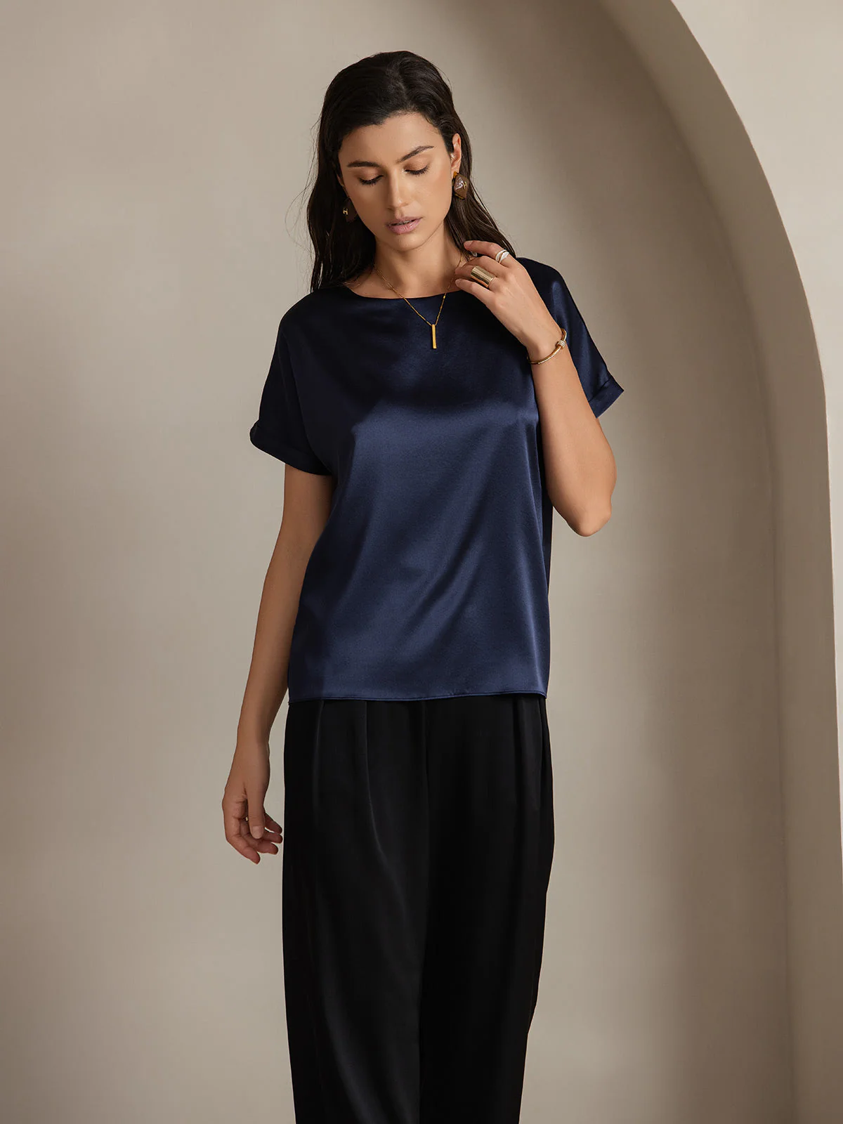 19Momme T-shirt à manches courtes décontracté en soie classique - Image 17