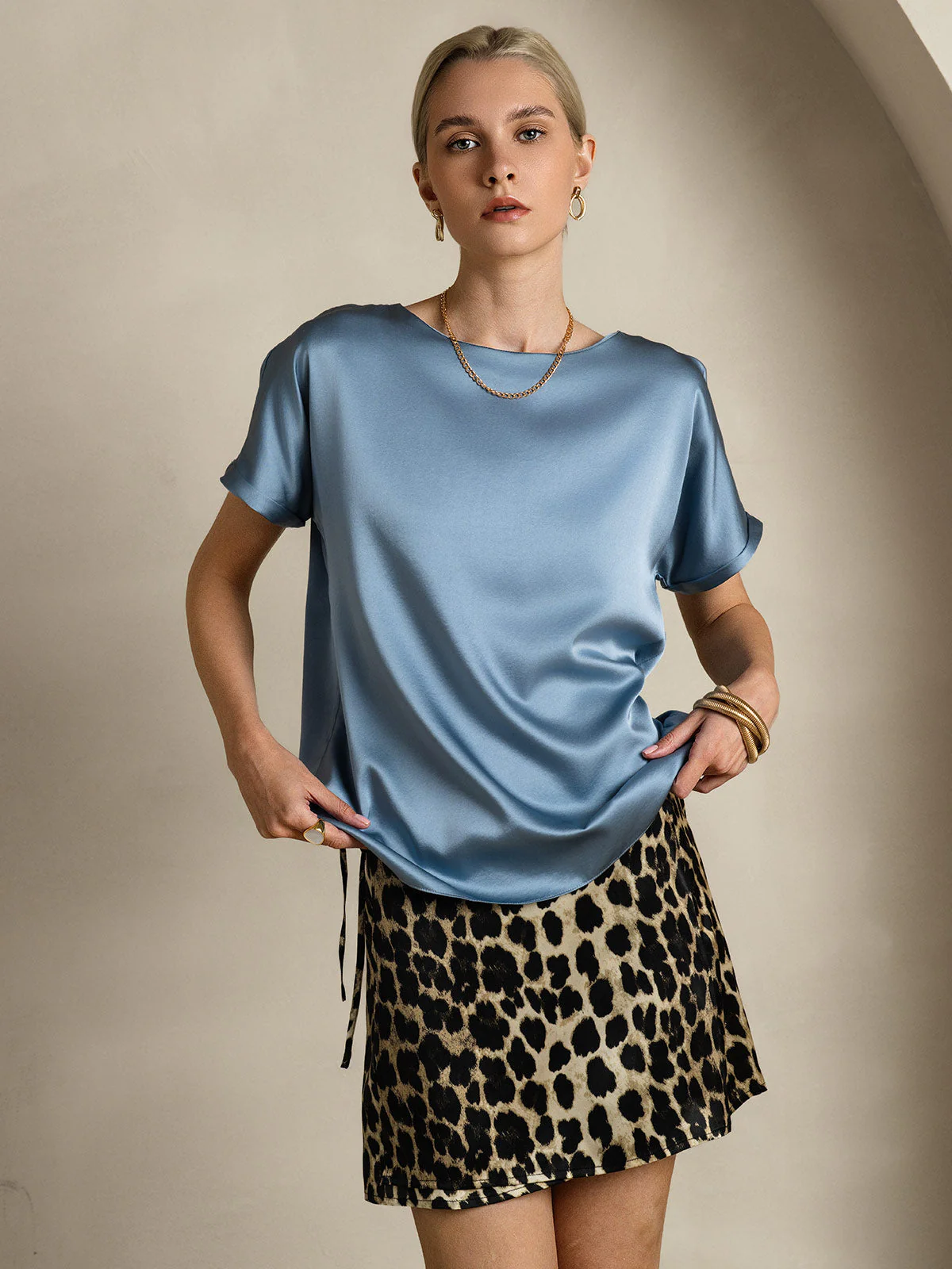 19Momme T-shirt à manches courtes décontracté en soie classique - Image 20