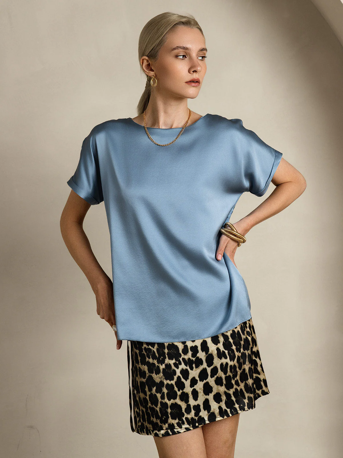 19Momme T-shirt à manches courtes décontracté en soie classique - Image 23