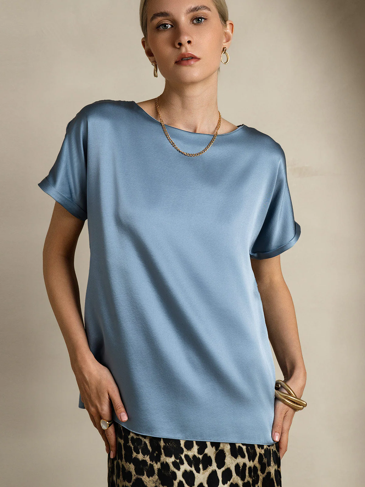 19Momme T-shirt à manches courtes décontracté en soie classique - Image 24