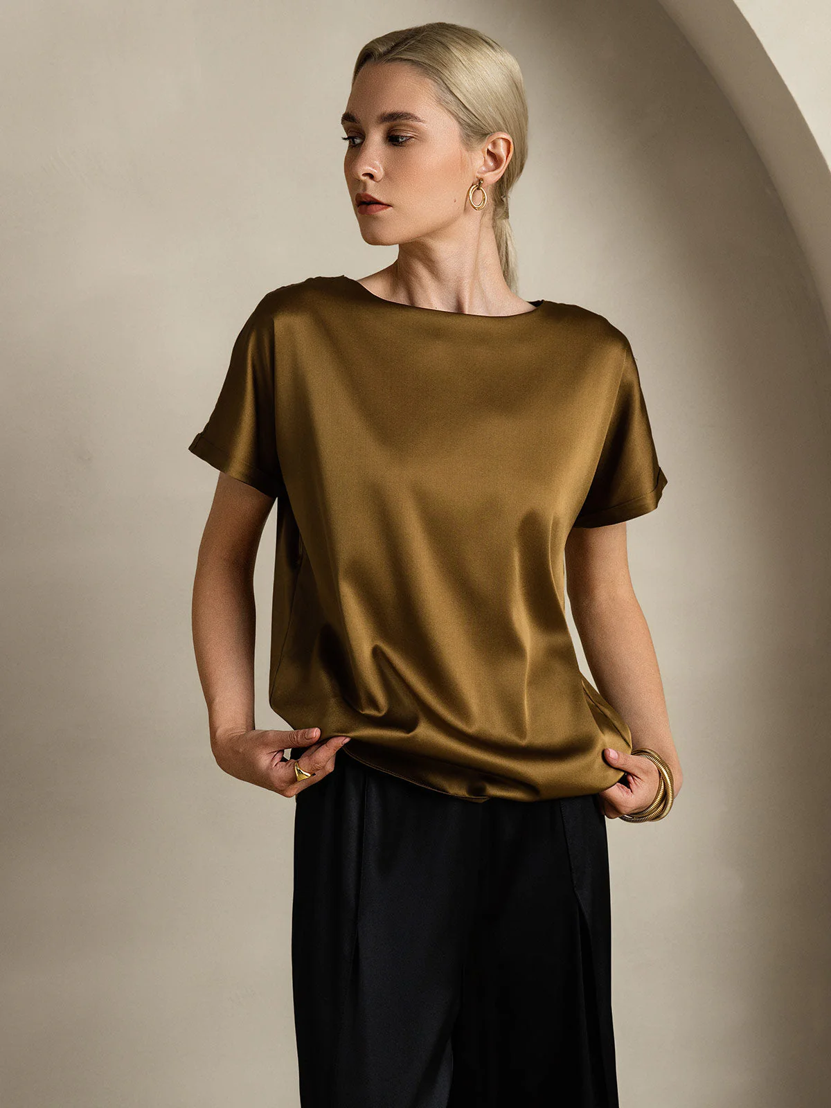 19Momme T-shirt à manches courtes décontracté en soie classique - Image 36