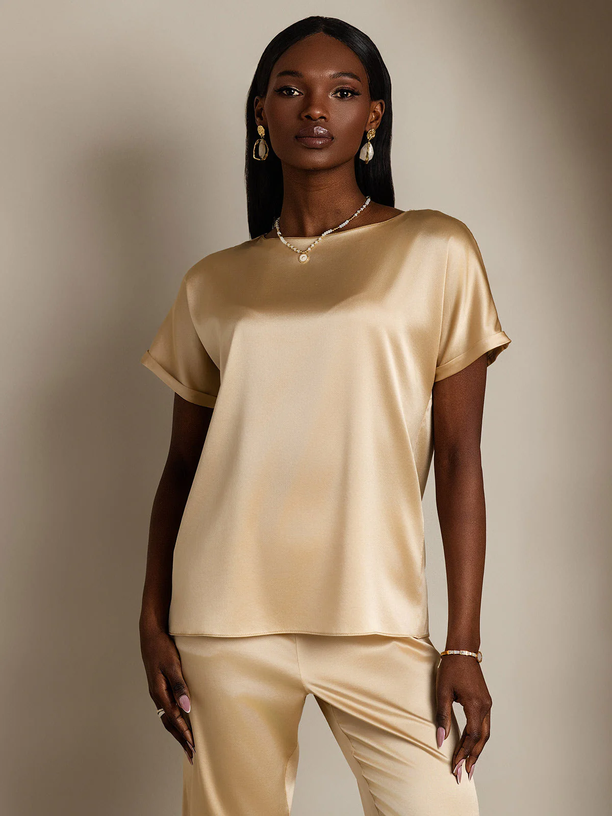 19Momme T-shirt à manches courtes décontracté en soie classique - Image 48