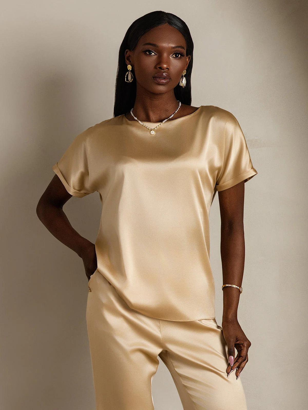 19Momme T-shirt à manches courtes décontracté en soie classique - Image 50