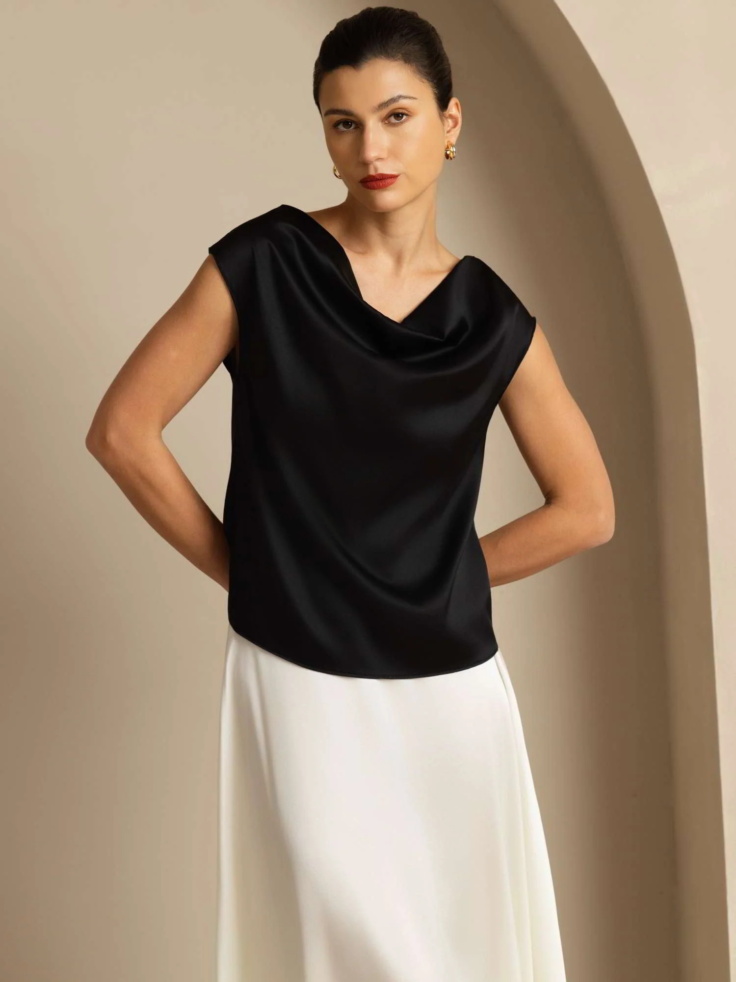 19Momme Soie Capuchons Manches Col Cowl Débardeur/Blouse - Image 32