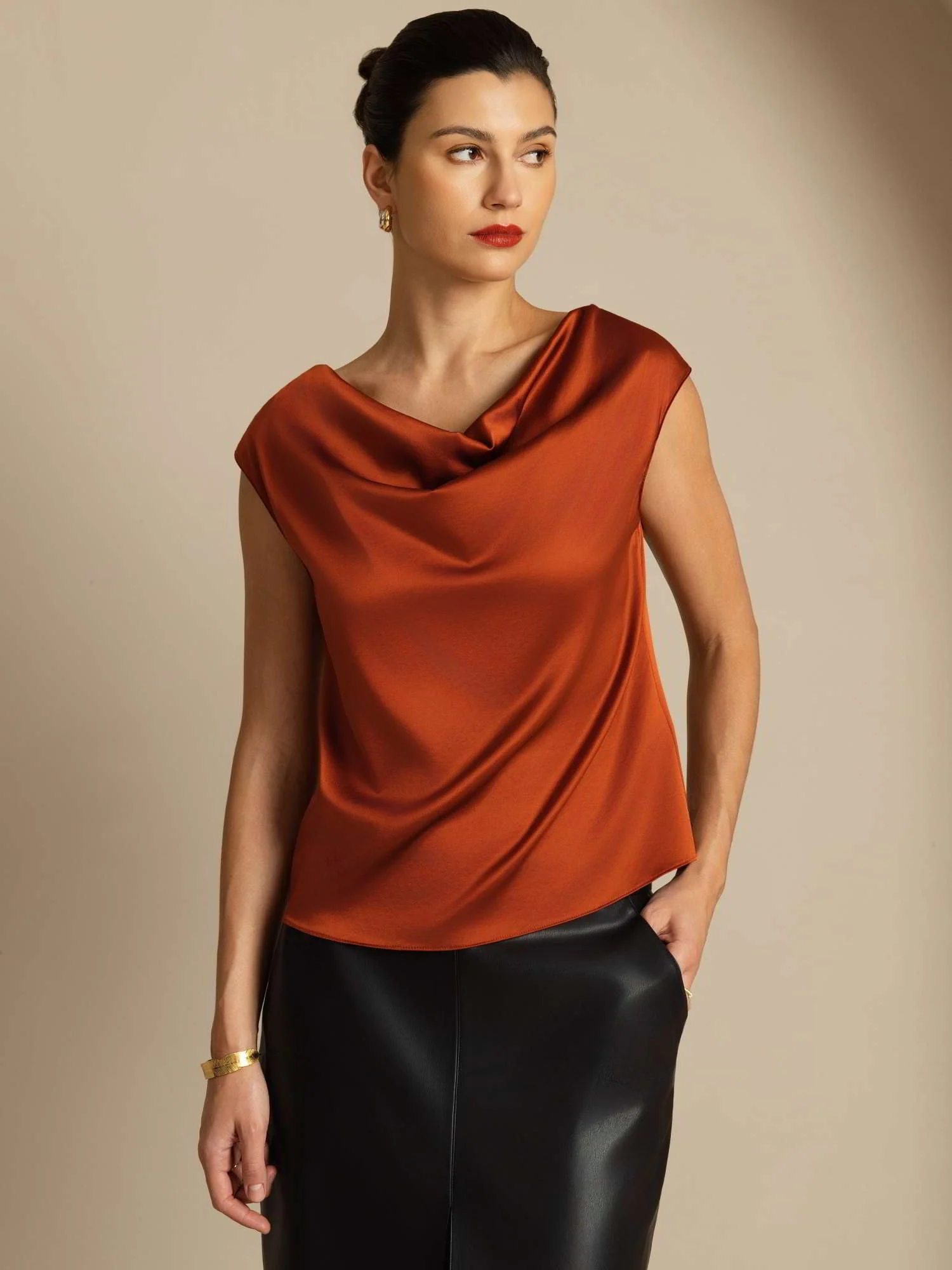 19Momme Soie Capuchons Manches Col Cowl Débardeur/Blouse - Image 40