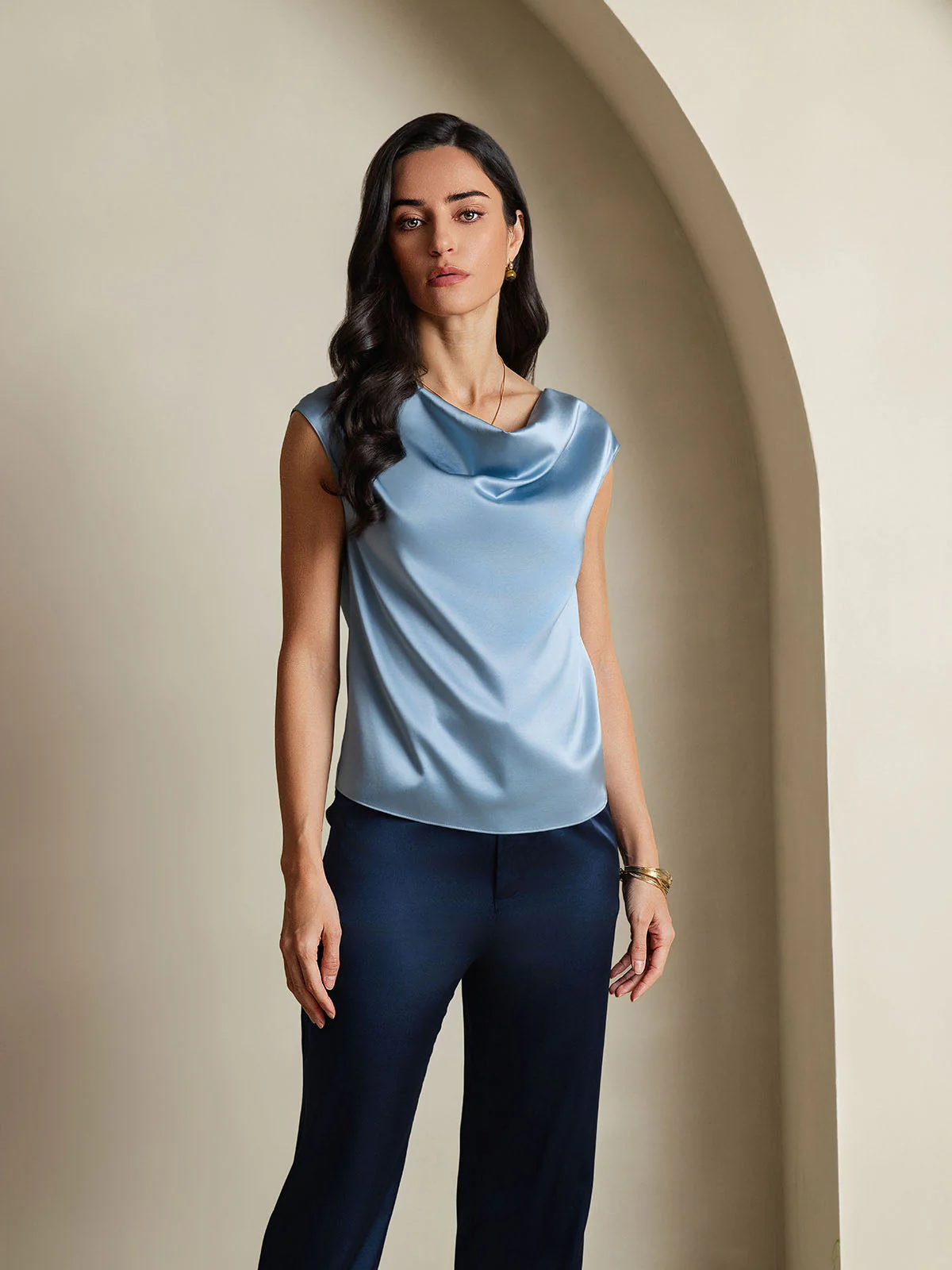 19Momme Soie Capuchons Manches Col Cowl Débardeur/Blouse - Image 44