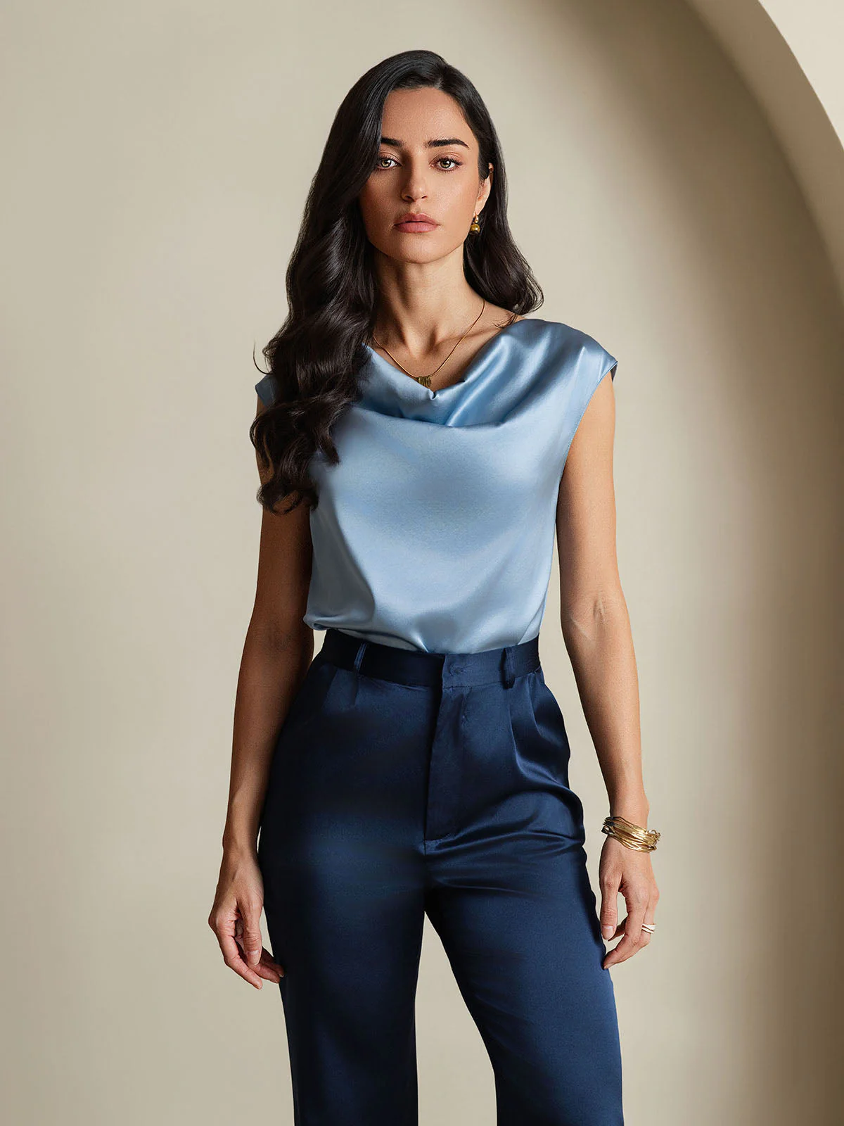19Momme Soie Capuchons Manches Col Cowl Débardeur/Blouse - Image 46