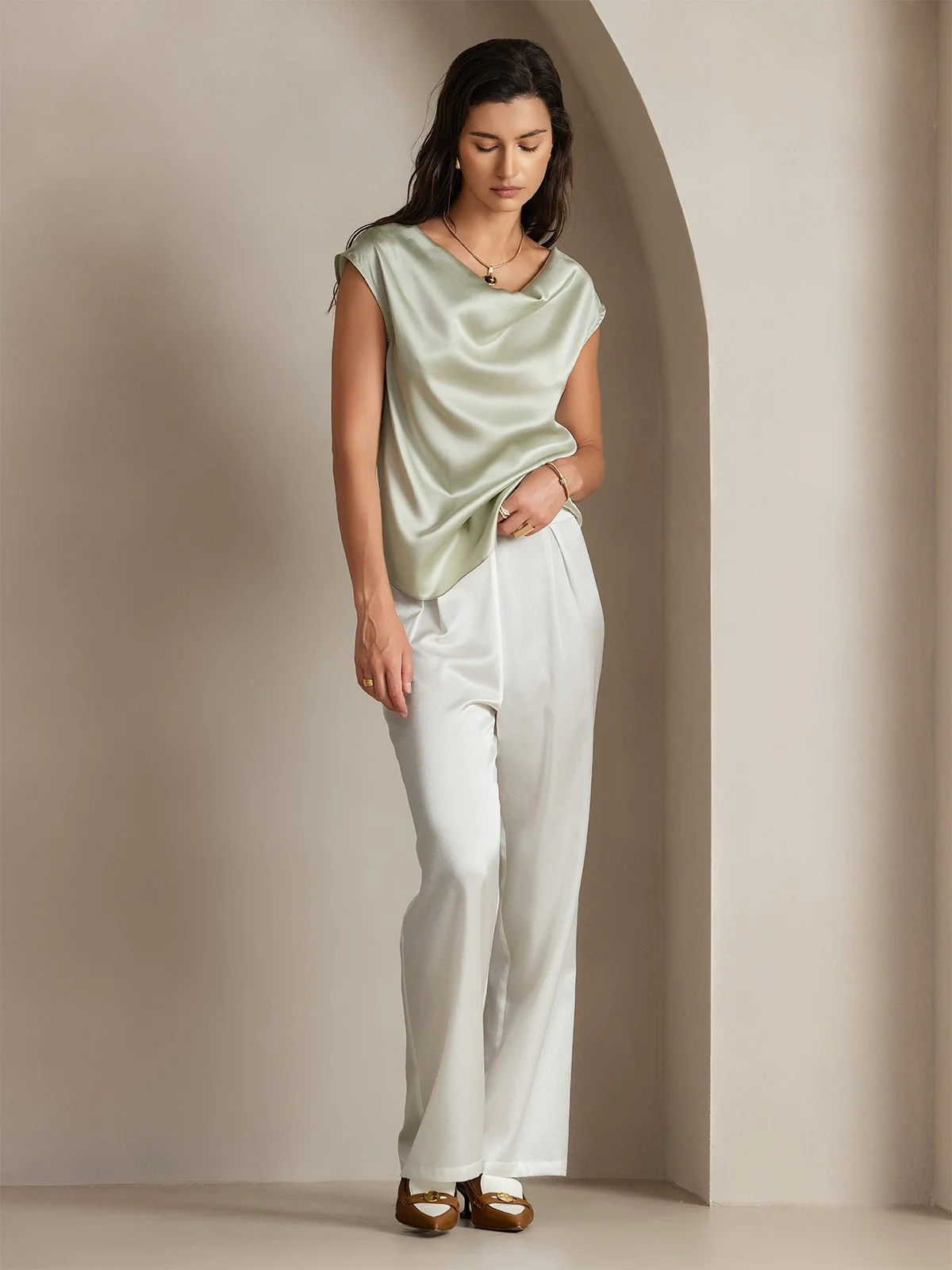 19Momme Soie Capuchons Manches Col Cowl Débardeur/Blouse - Image 68
