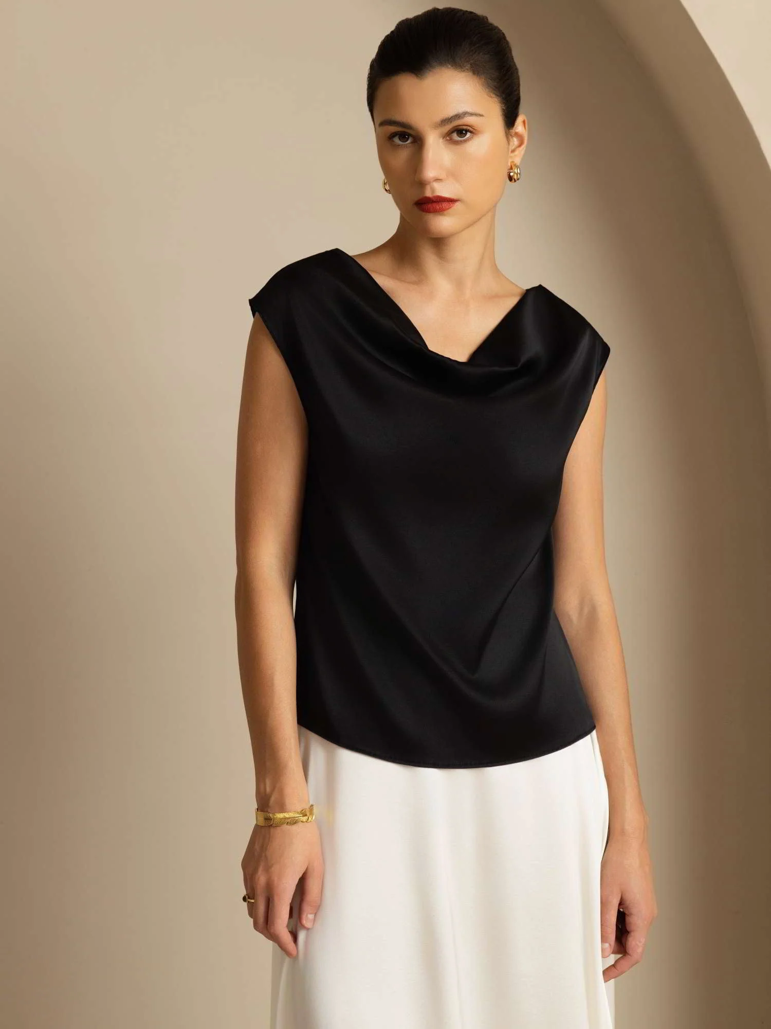 19Momme Soie Col Bateau Cap Manches Blouse - Image 29