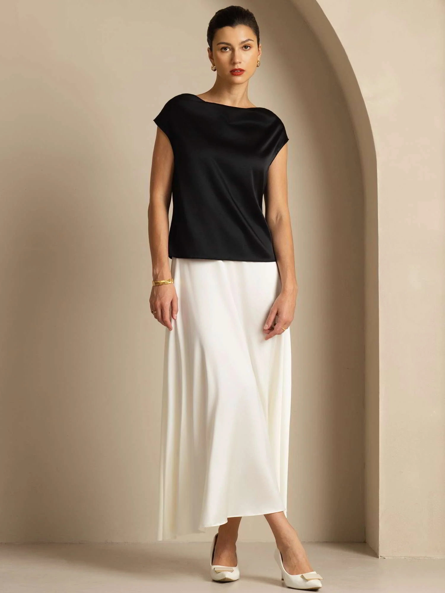 19Momme Soie Col Bateau Cap Manches Blouse - Image 35