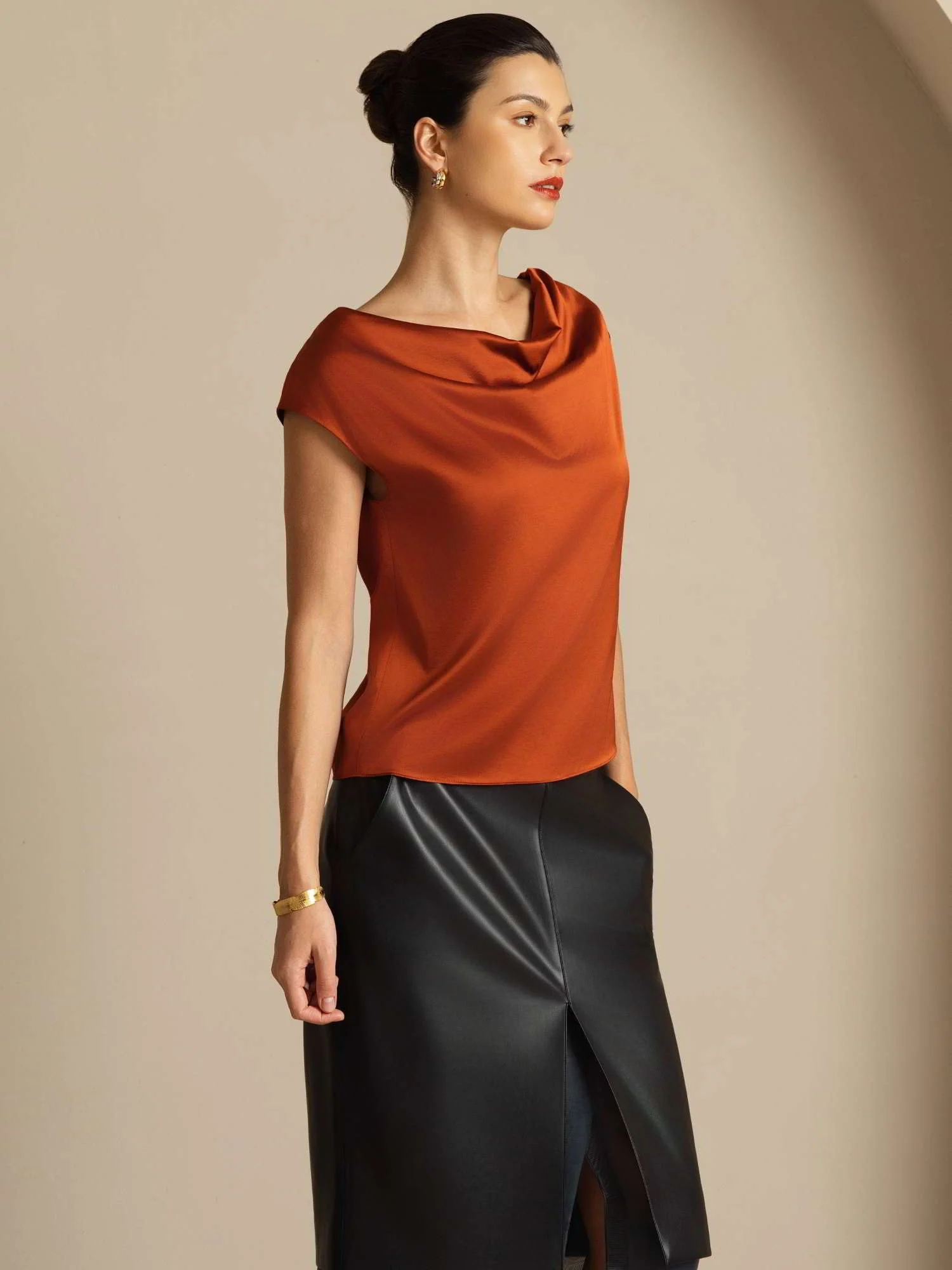 19Momme Soie Col Bateau Cap Manches Blouse - Image 42