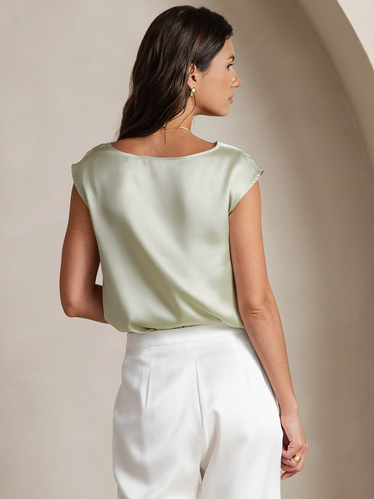 19Momme Soie Col Bateau Cap Manches Blouse - Image 53