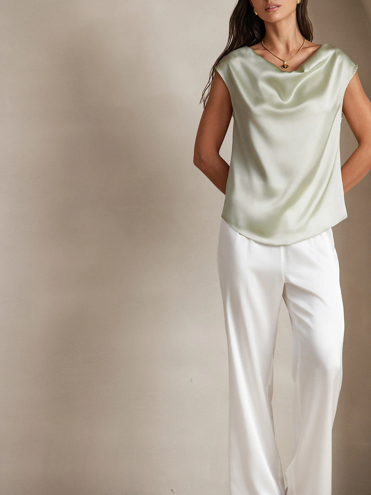 19Momme Soie Col Bateau Cap Manches Blouse - Image 55