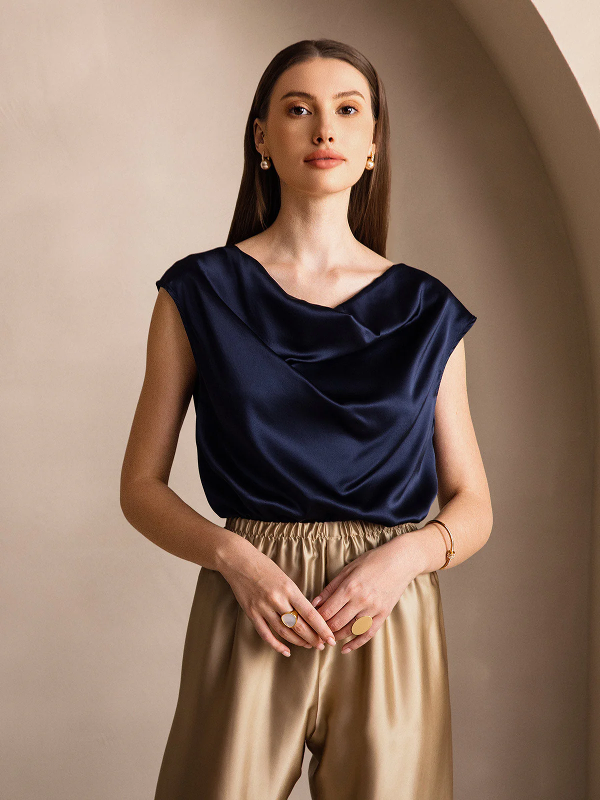 19Momme Soie Col Bateau Cap Manches Blouse - Image 62