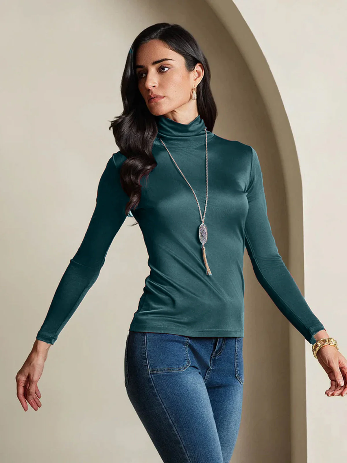 Haut à col montant en mélange de soie à manches longues T-shirt - Image 35