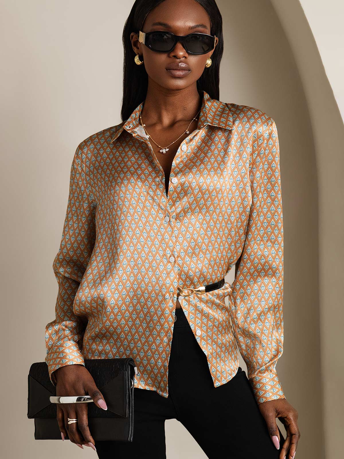 Chemise Femme En Soie 19Momme À Manches Longues Col Revers Imprimé Géométrique - Image 3