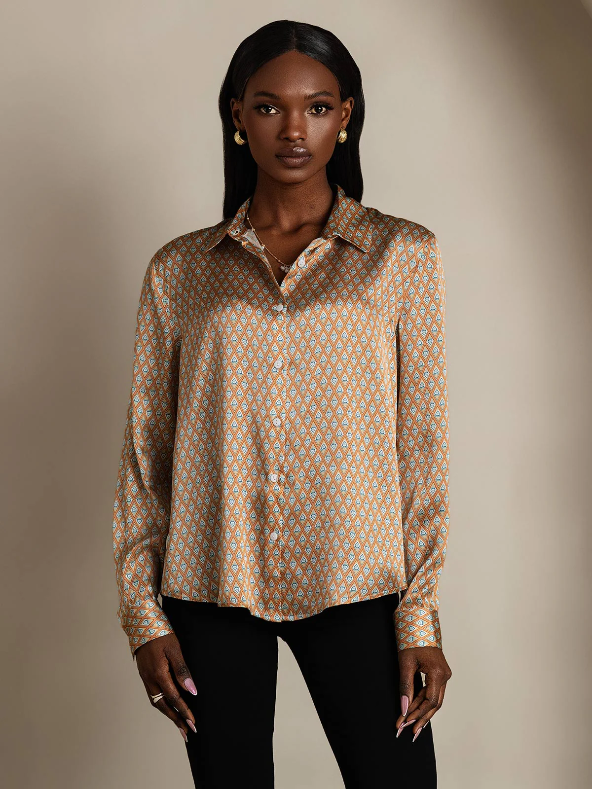 Chemise Femme En Soie 19Momme À Manches Longues Col Revers Imprimé Géométrique - Image 5