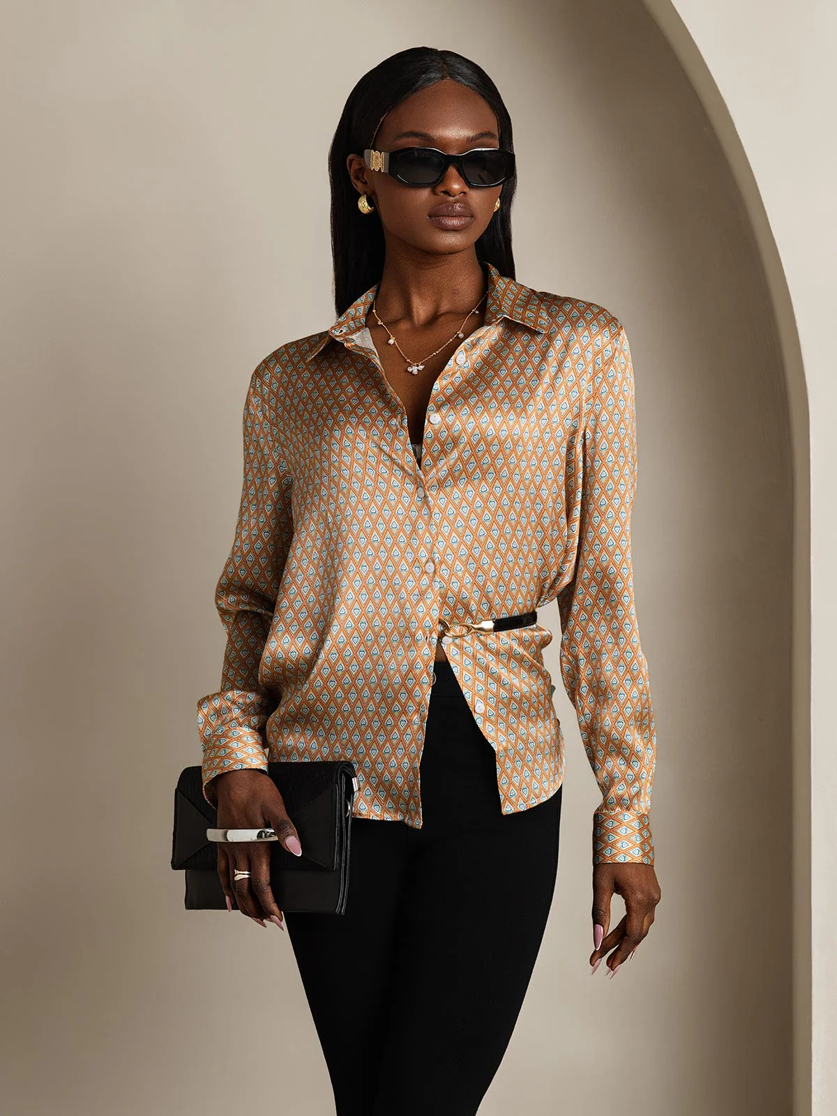 Chemise Femme En Soie 19Momme À Manches Longues Col Revers Imprimé Géométrique - Image 6