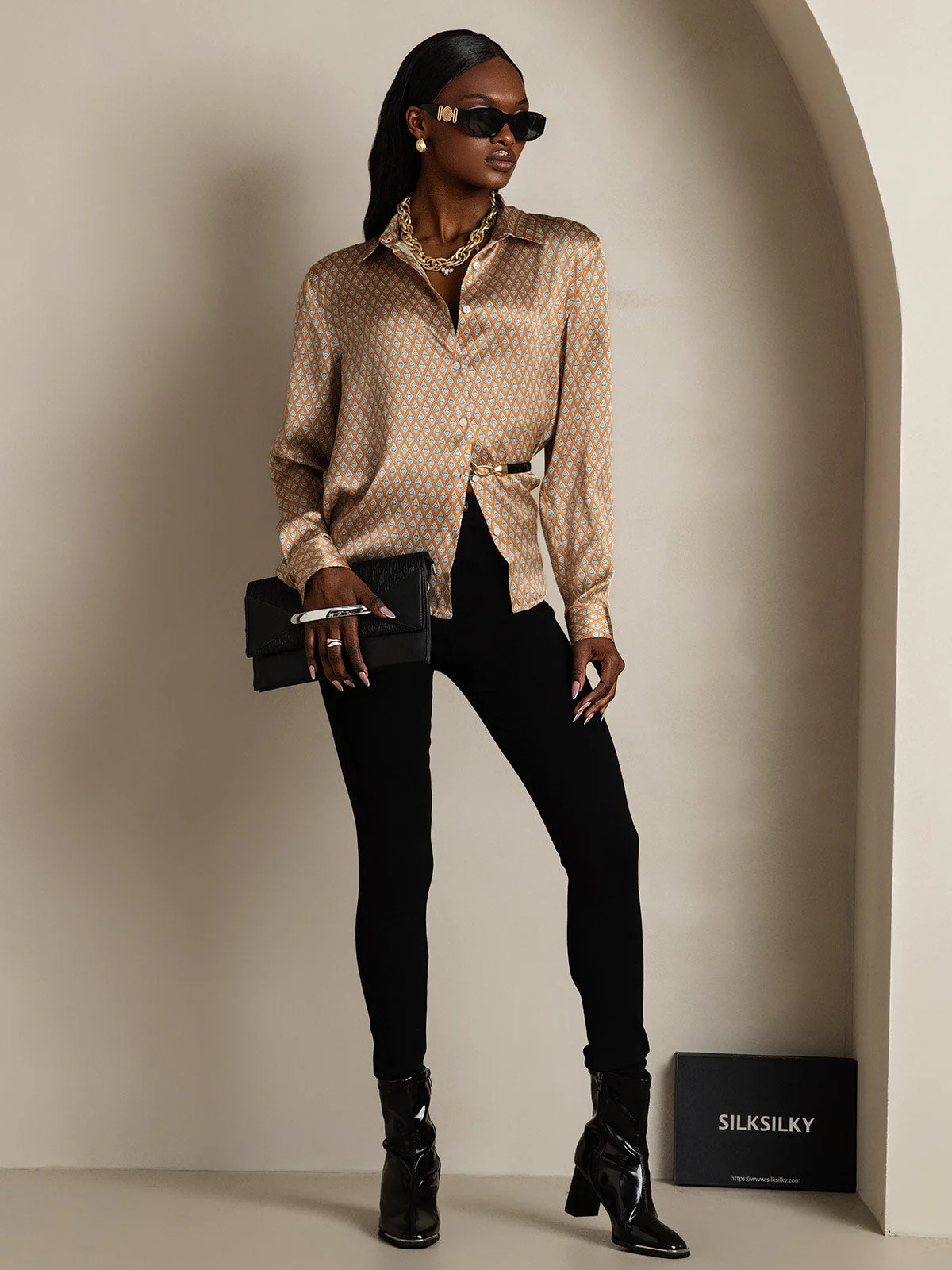 Chemise Femme En Soie 19Momme À Manches Longues Col Revers Imprimé Géométrique - Image 7