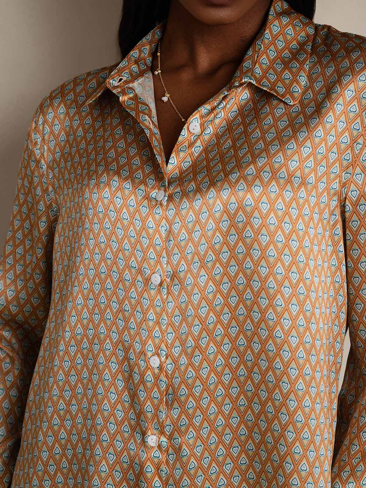 Chemise Femme En Soie 19Momme À Manches Longues Col Revers Imprimé Géométrique - Image 8