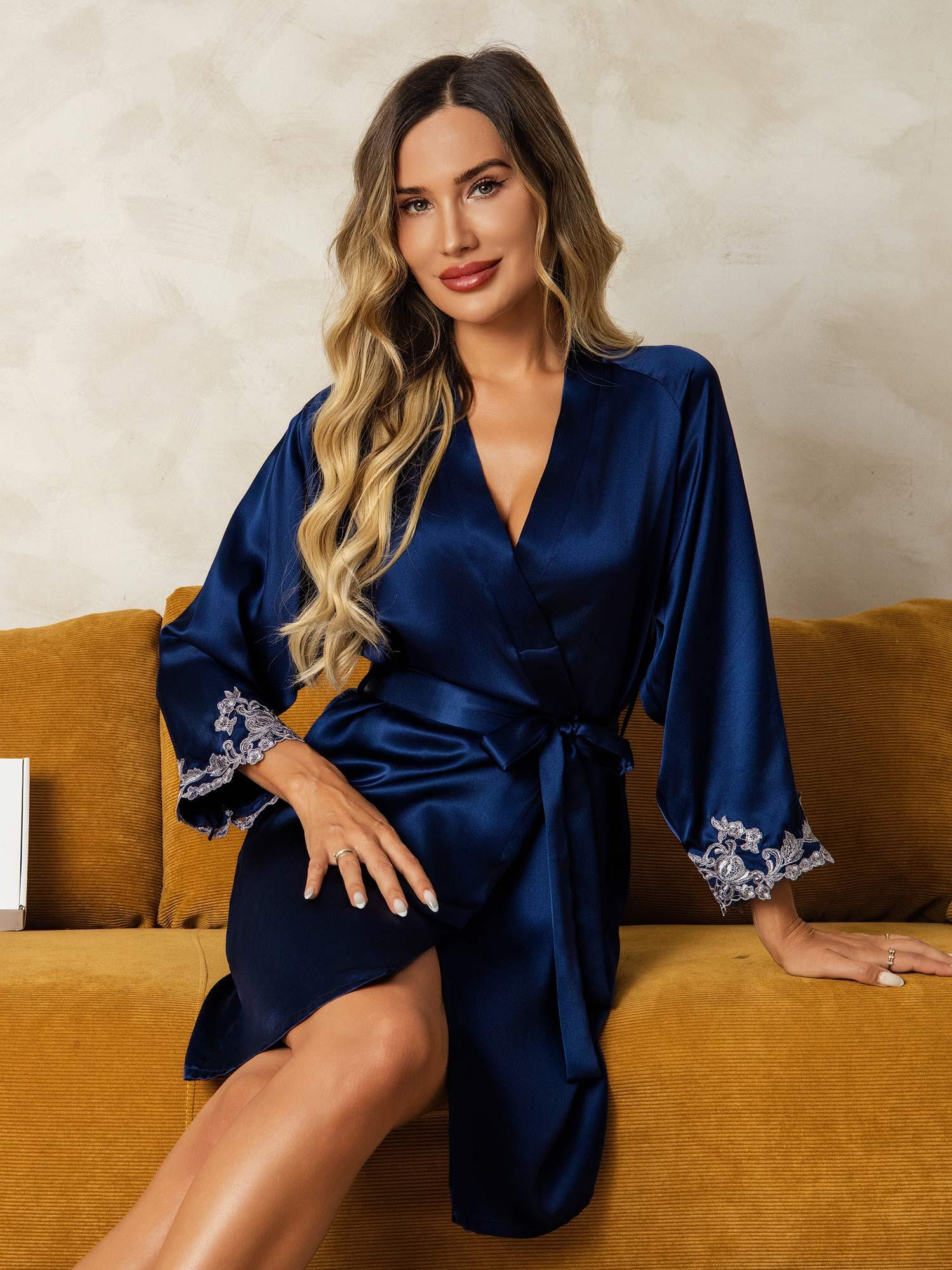 Peignoir Kimono Croisé en 100% Soie de Mûrier avec Poignets en Dentelle, Ceinture et Manches 3/4 - Image 22