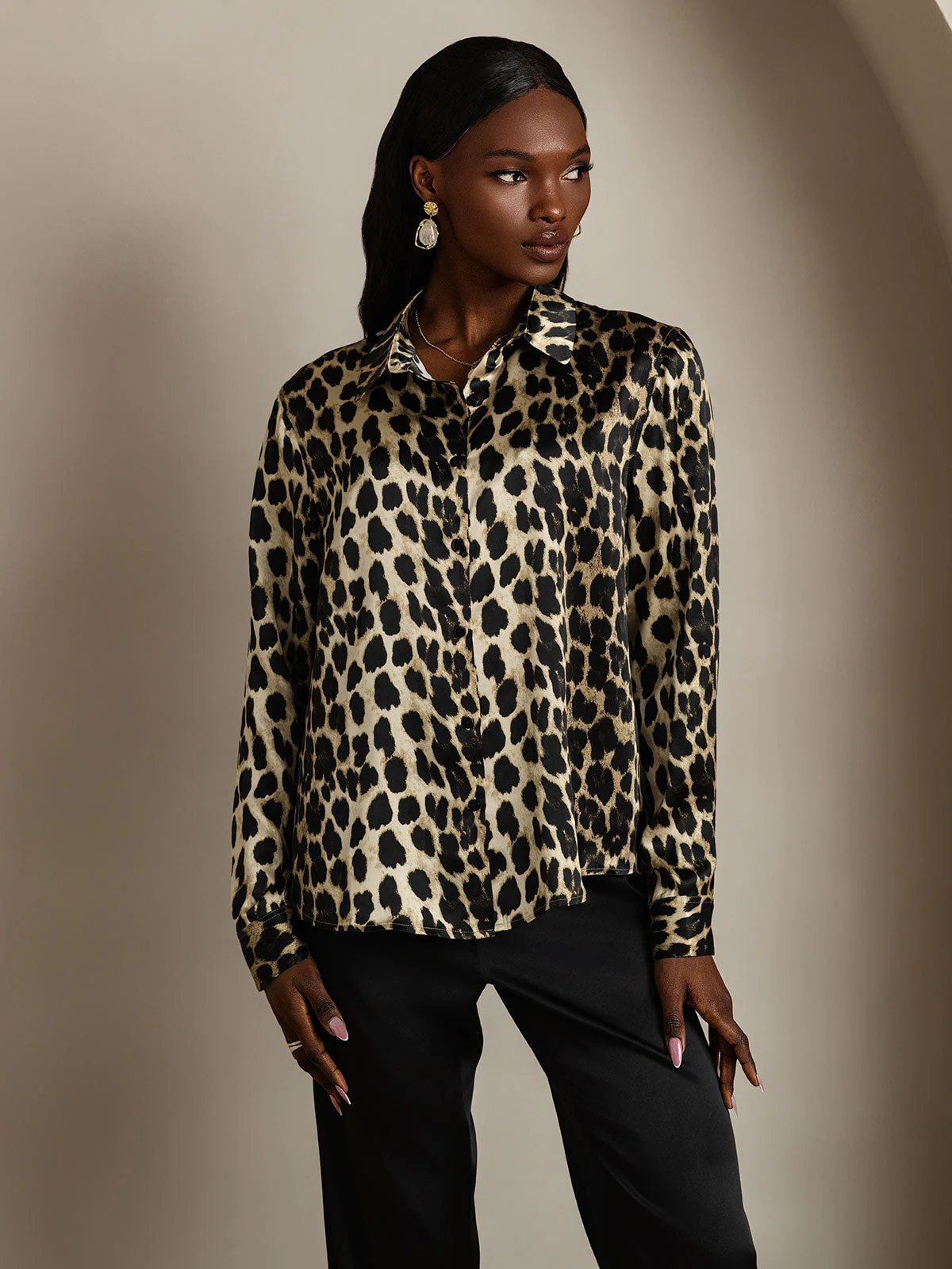 Chemise Femme À Manches Longues Col Revers En Soie 19Momme Imprimé Léopard - Image 3