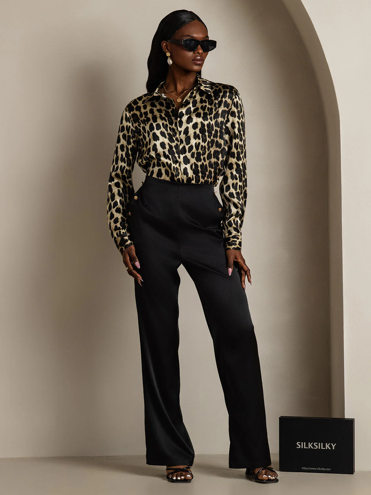 Chemise Femme À Manches Longues Col Revers En Soie 19Momme Imprimé Léopard - Image 8