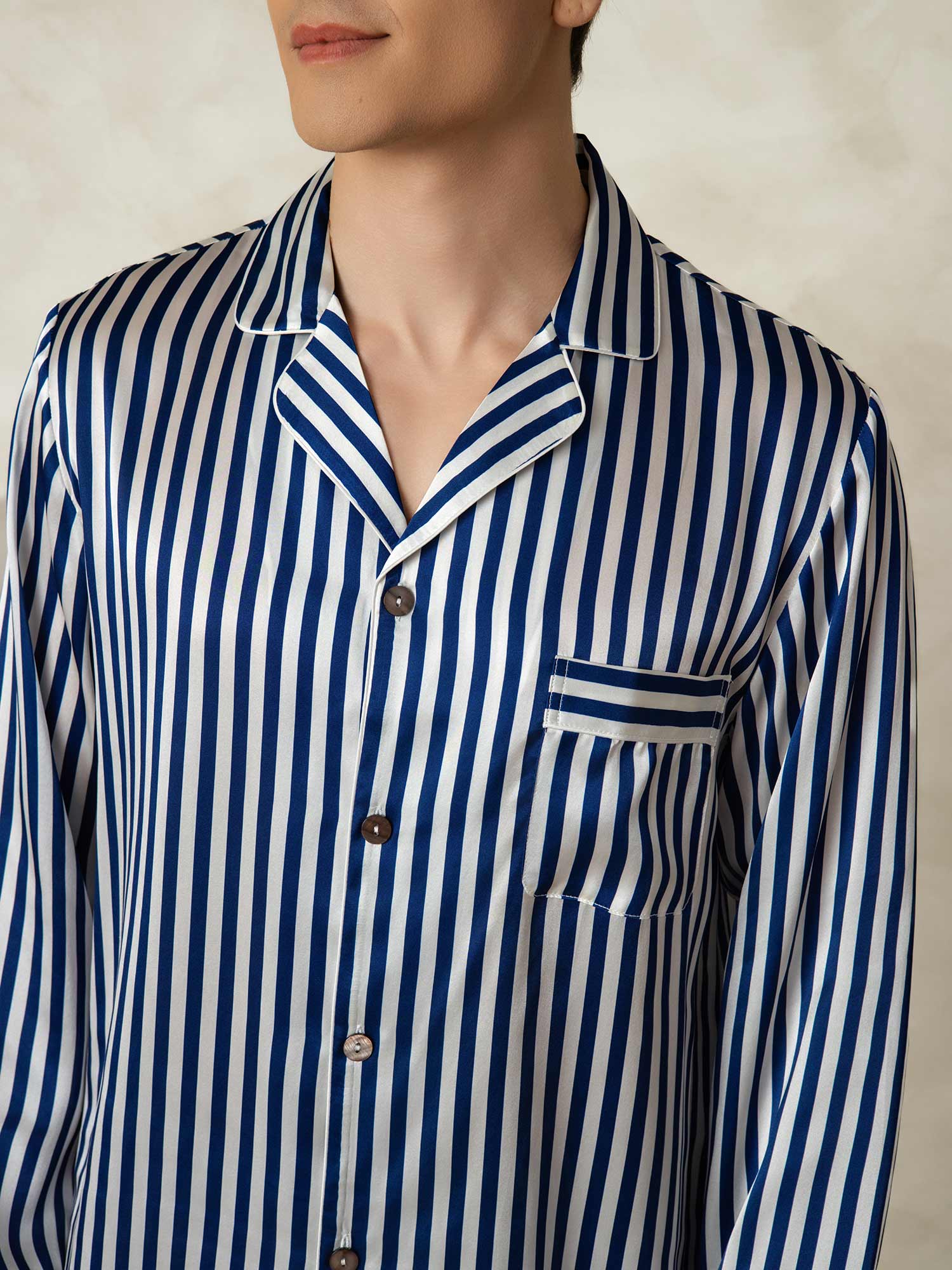 Ensemble Pyjama Homme En Pure Soie À Rayures Manches Longues Col Revers - Image 6