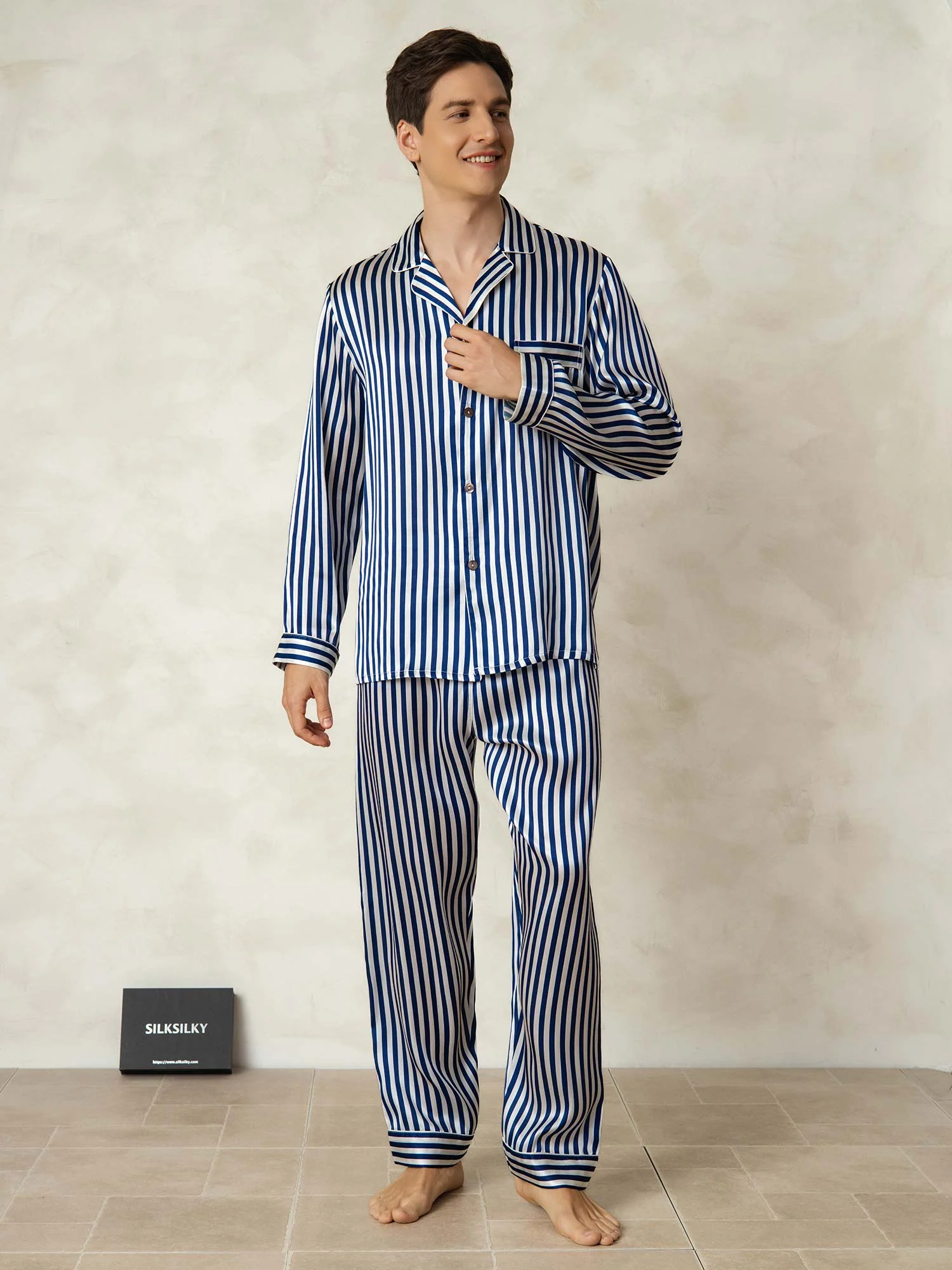 Ensemble Pyjama Homme En Pure Soie À Rayures Manches Longues Col Revers - Image 7