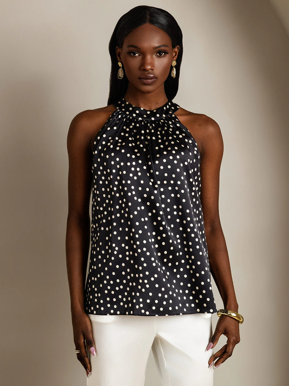 Haut En Soie 19Momme À Pois Sans Manches À Col Halter Pour Femme - Image 3