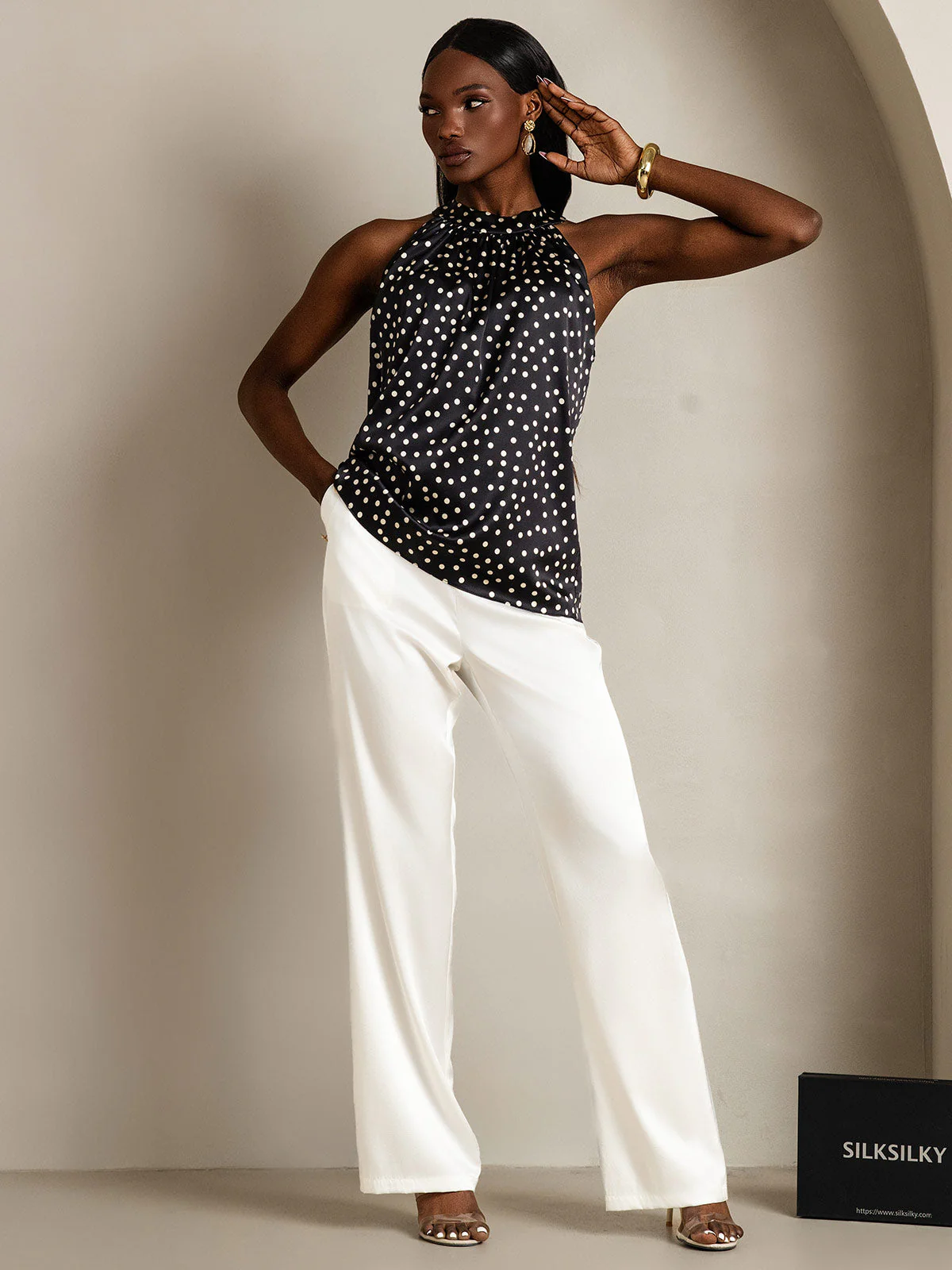 Haut En Soie 19Momme À Pois Sans Manches À Col Halter Pour Femme - Image 6