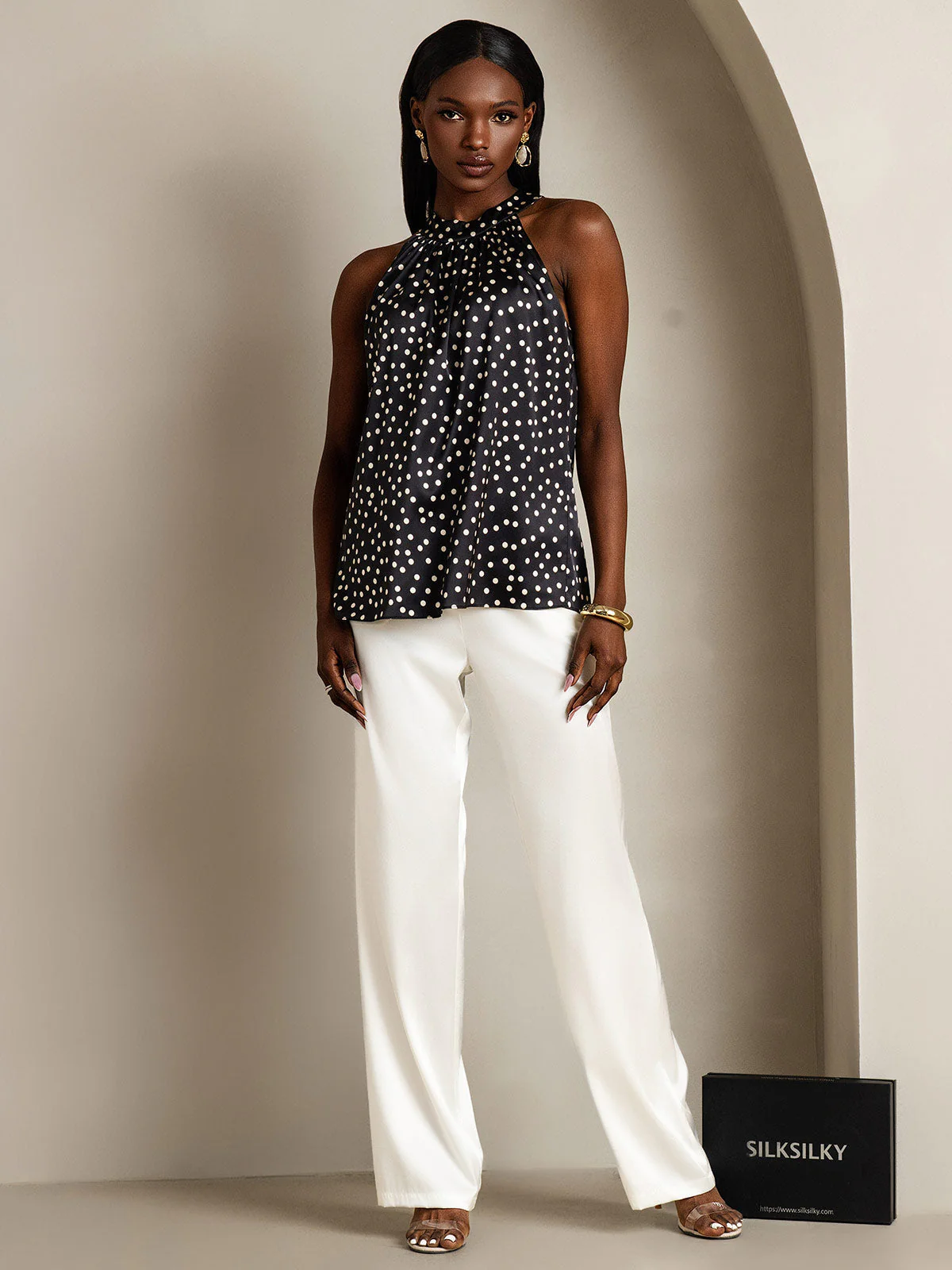 Haut En Soie 19Momme À Pois Sans Manches À Col Halter Pour Femme - Image 7