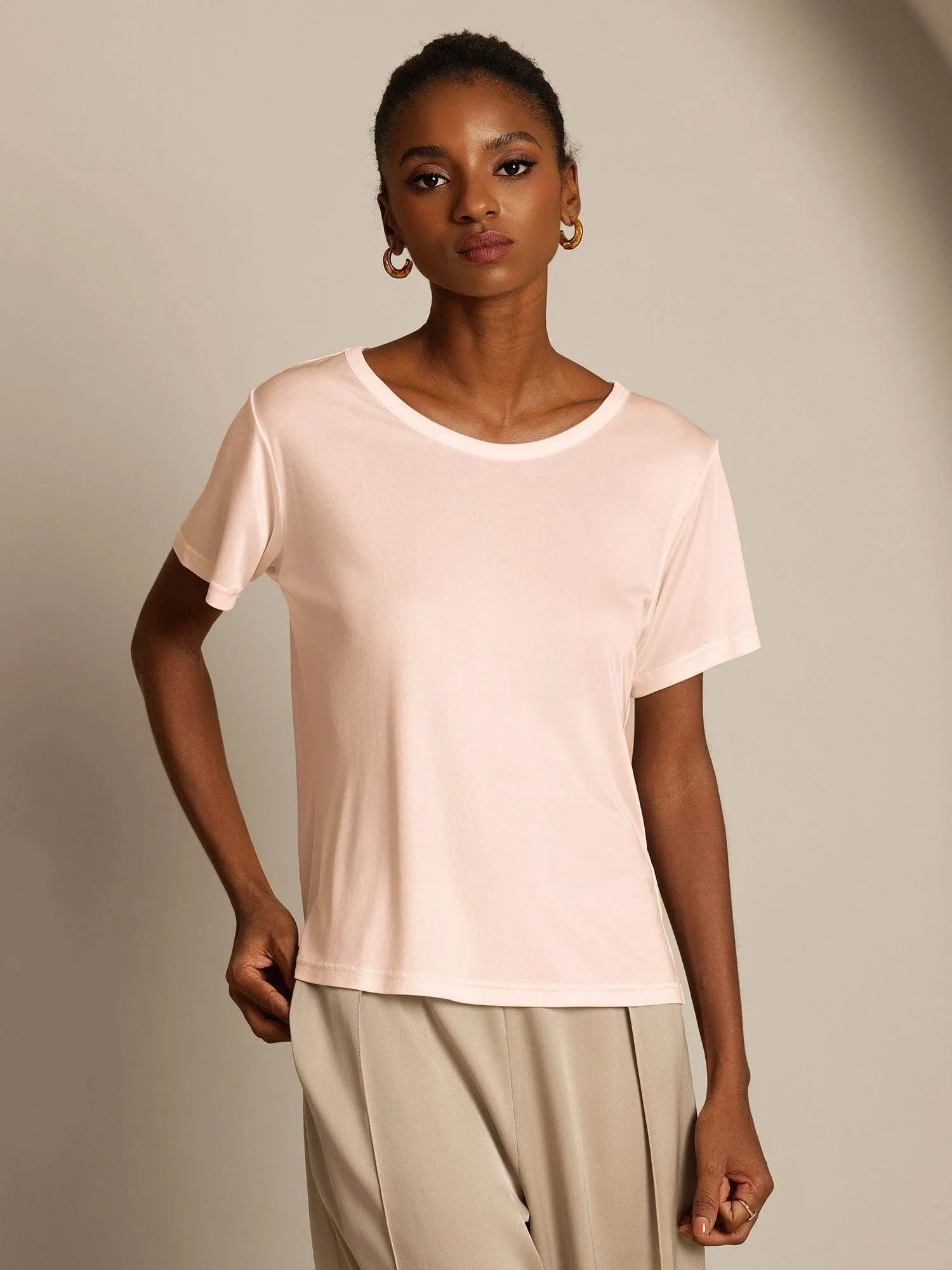 T-Shirt Col Rond à Manches Courtes en Pure Soie pour Femmes - Image 16