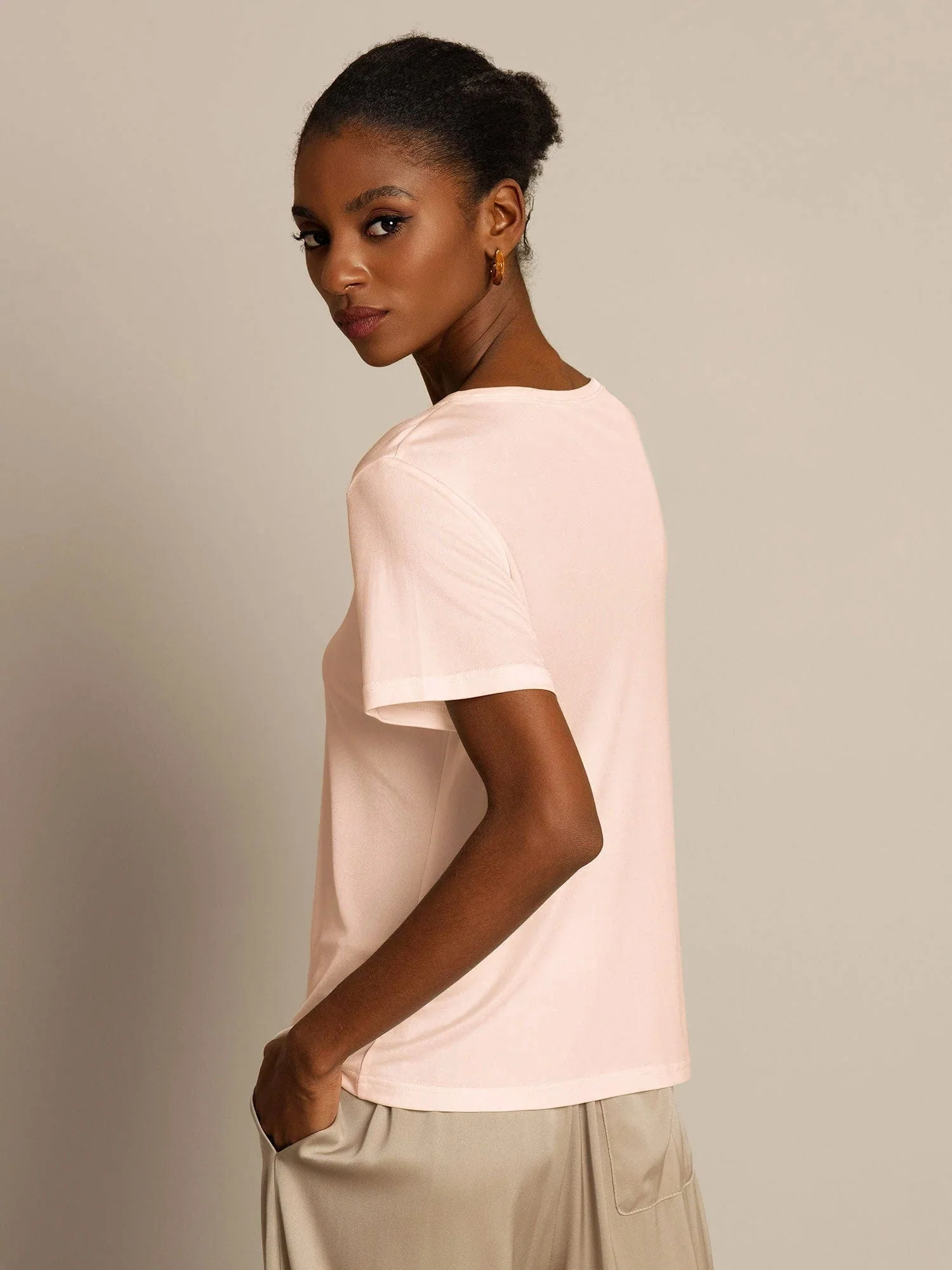 T-Shirt Col Rond à Manches Courtes en Pure Soie pour Femmes - Image 17