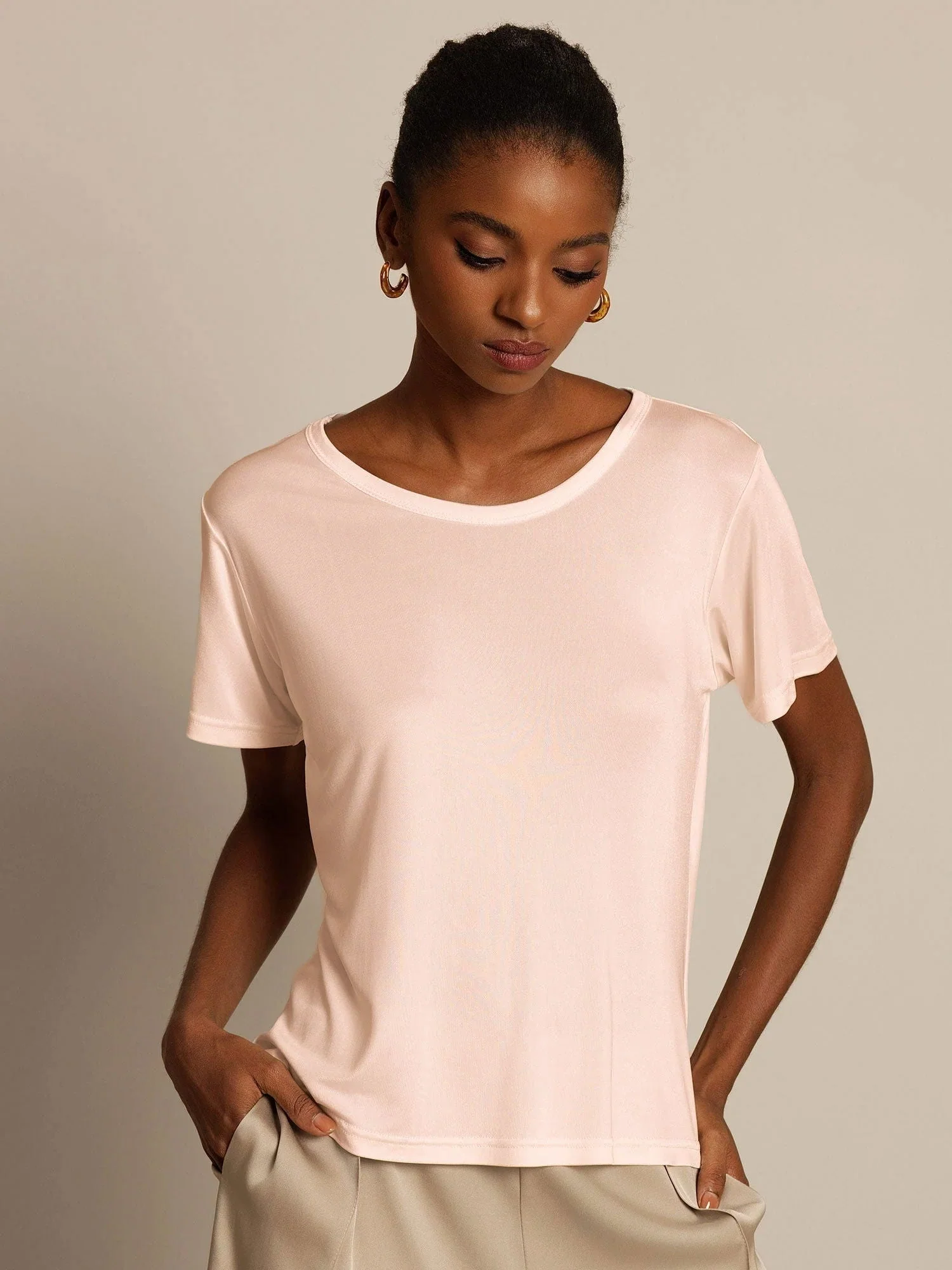 T-Shirt Col Rond à Manches Courtes en Pure Soie pour Femmes - Image 18