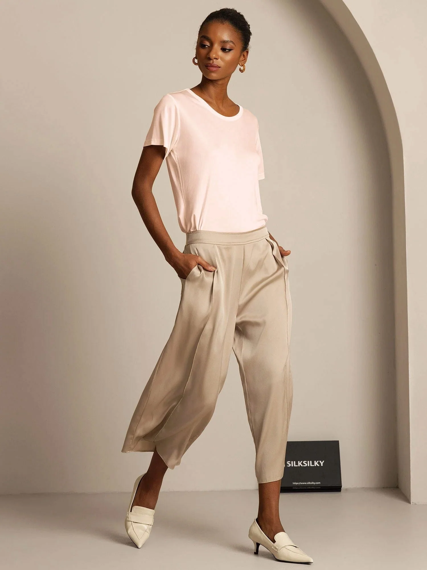 T-Shirt Col Rond à Manches Courtes en Pure Soie pour Femmes - Image 22
