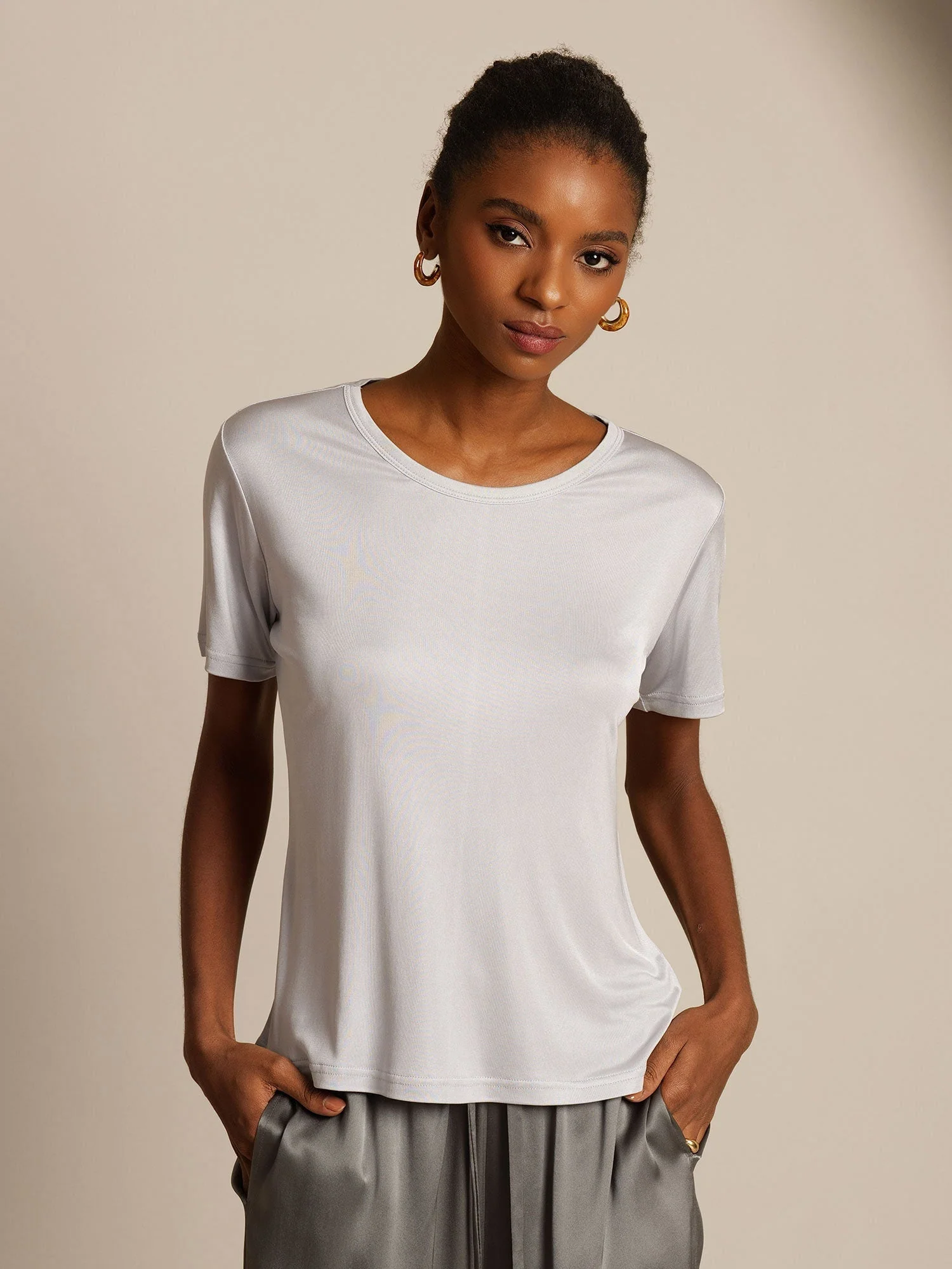 T-Shirt Col Rond à Manches Courtes en Pure Soie pour Femmes - Image 23