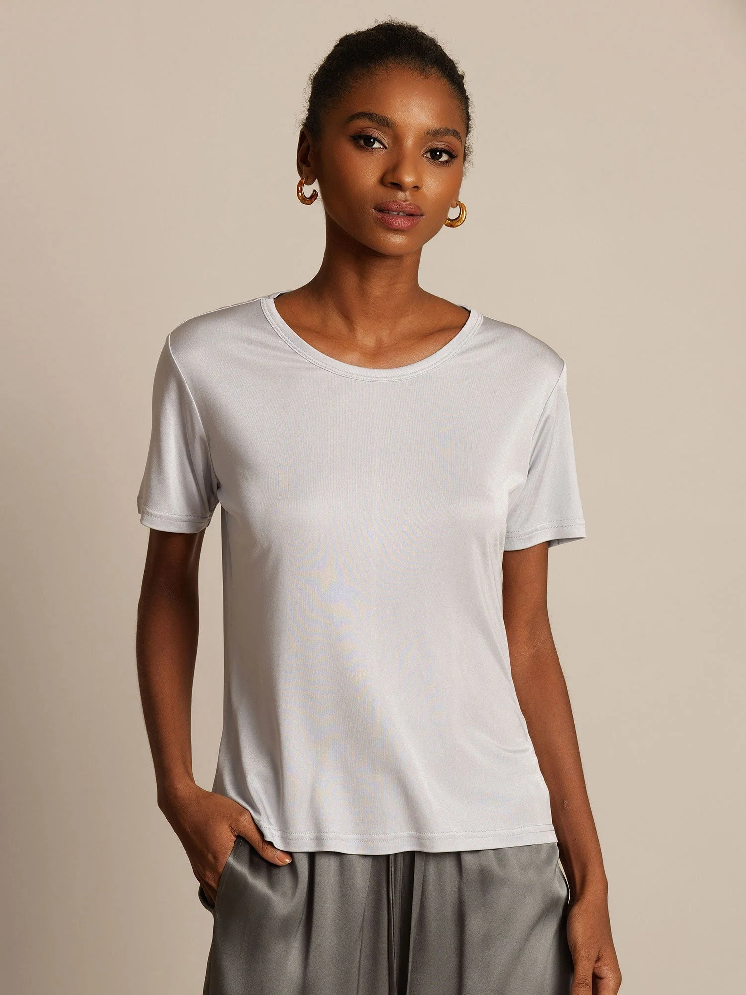 T-Shirt Col Rond à Manches Courtes en Pure Soie pour Femmes - Image 27