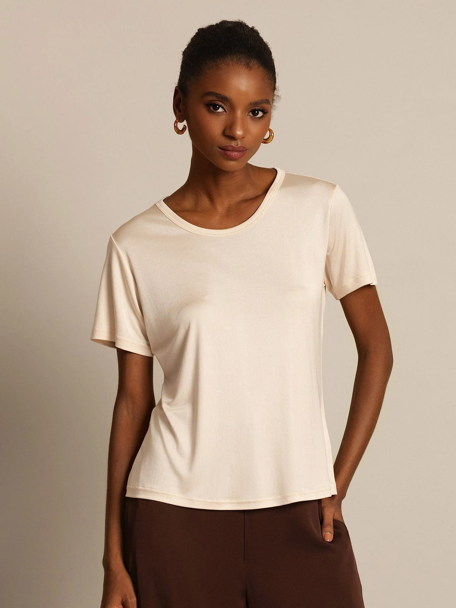 T-Shirt Col Rond à Manches Courtes en Pure Soie pour Femmes - Image 34