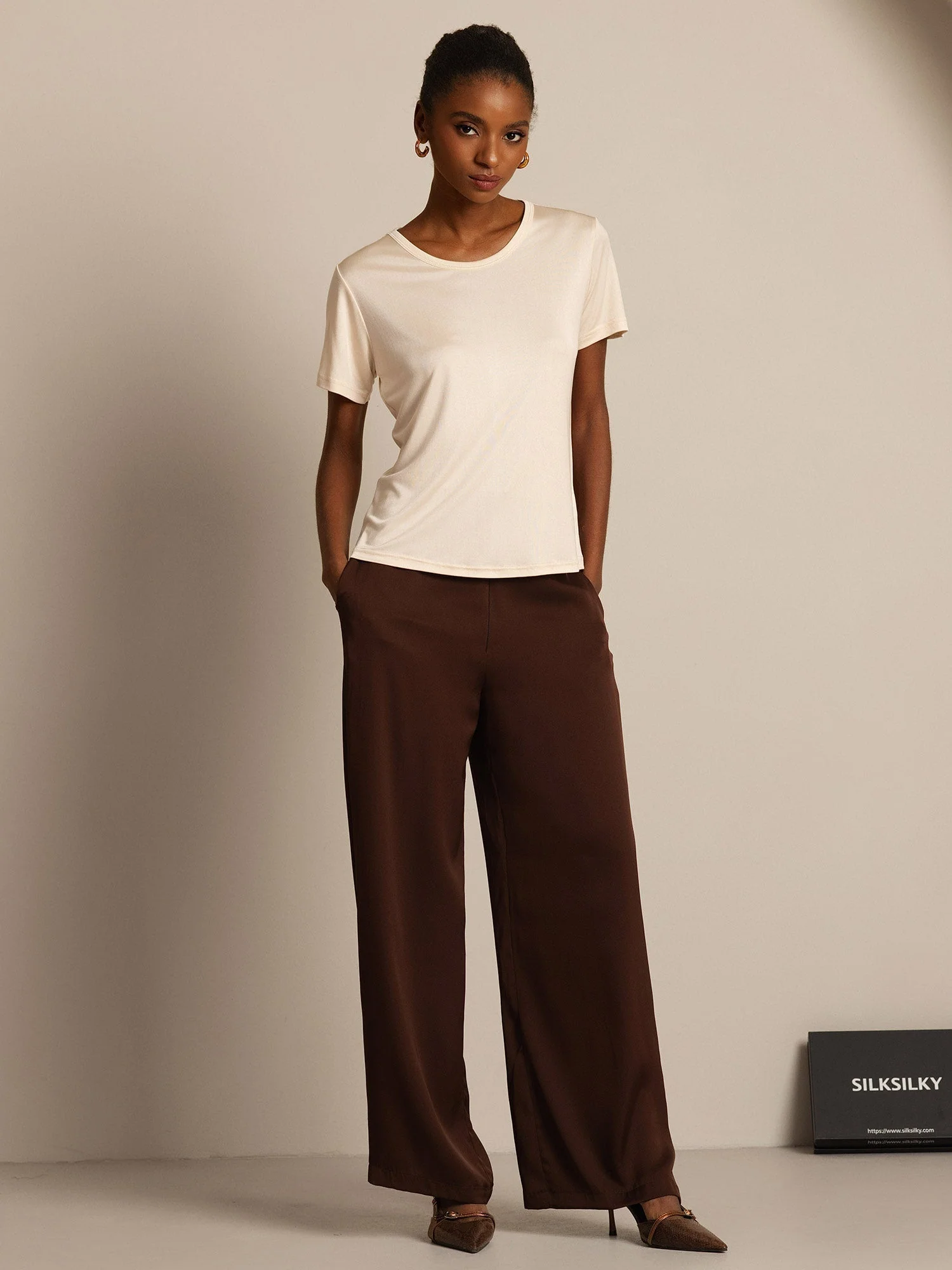 T-Shirt Col Rond à Manches Courtes en Pure Soie pour Femmes - Image 35