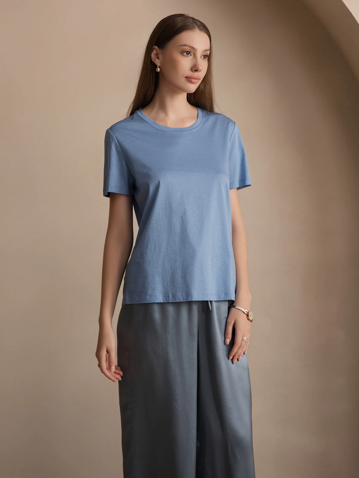 T-Shirt Col Rond à Manches Courtes en Pure Soie pour Femmes - Image 37