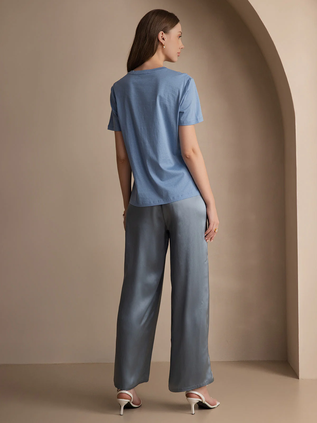 T-Shirt Col Rond à Manches Courtes en Pure Soie pour Femmes - Image 38