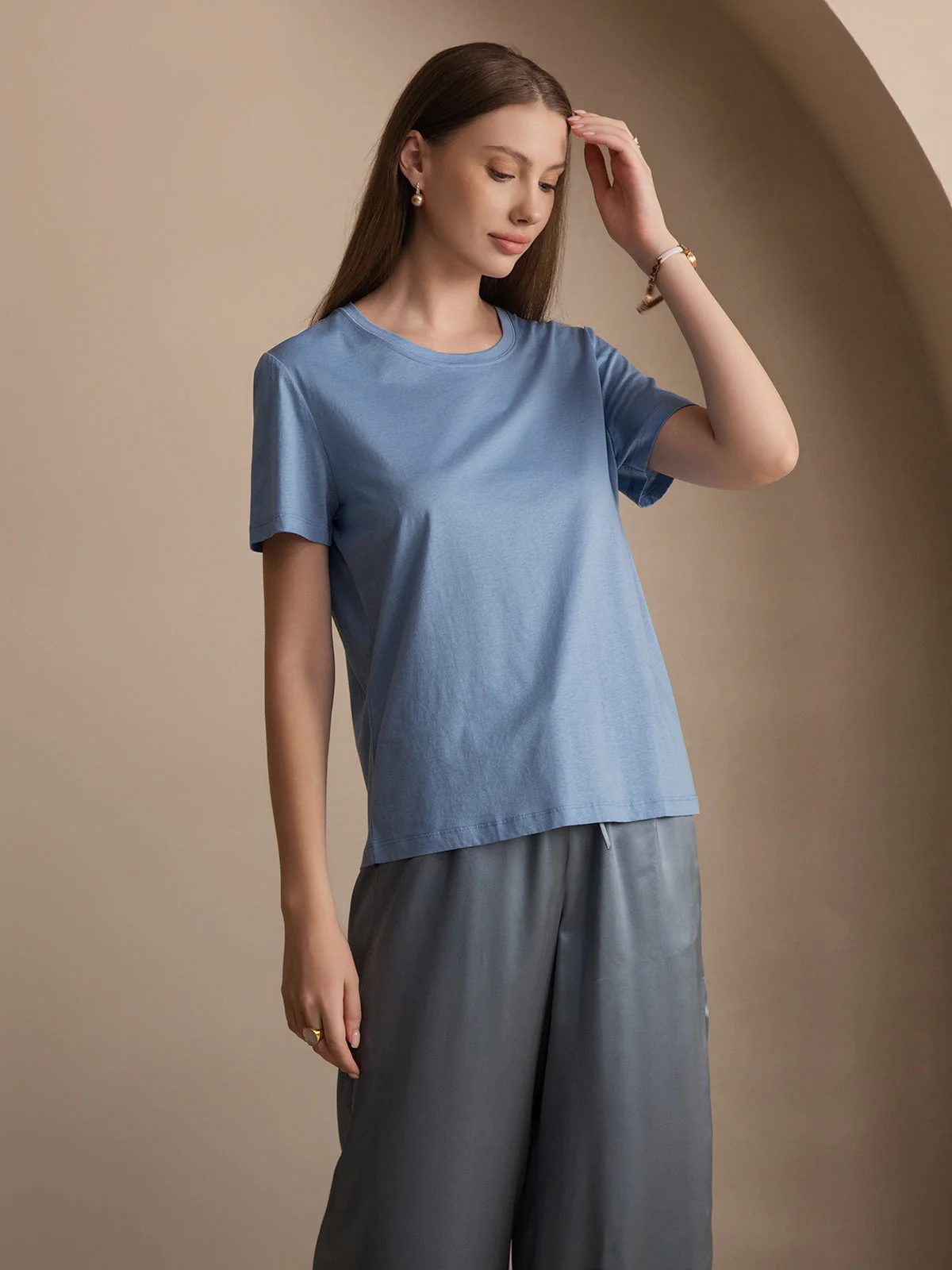 T-Shirt Col Rond à Manches Courtes en Pure Soie pour Femmes - Image 41
