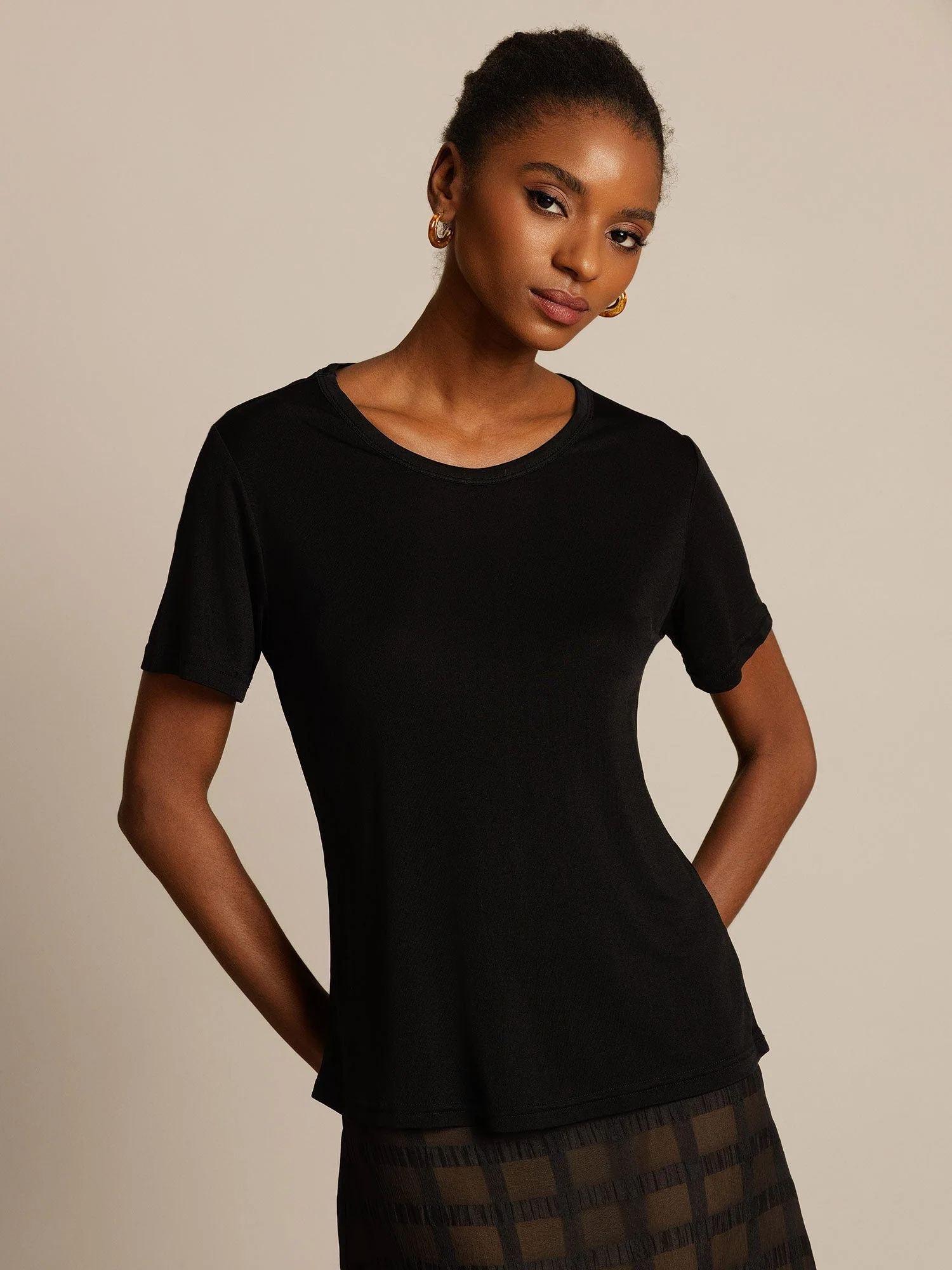 T-Shirt Col Rond à Manches Courtes en Pure Soie pour Femmes - Image 8