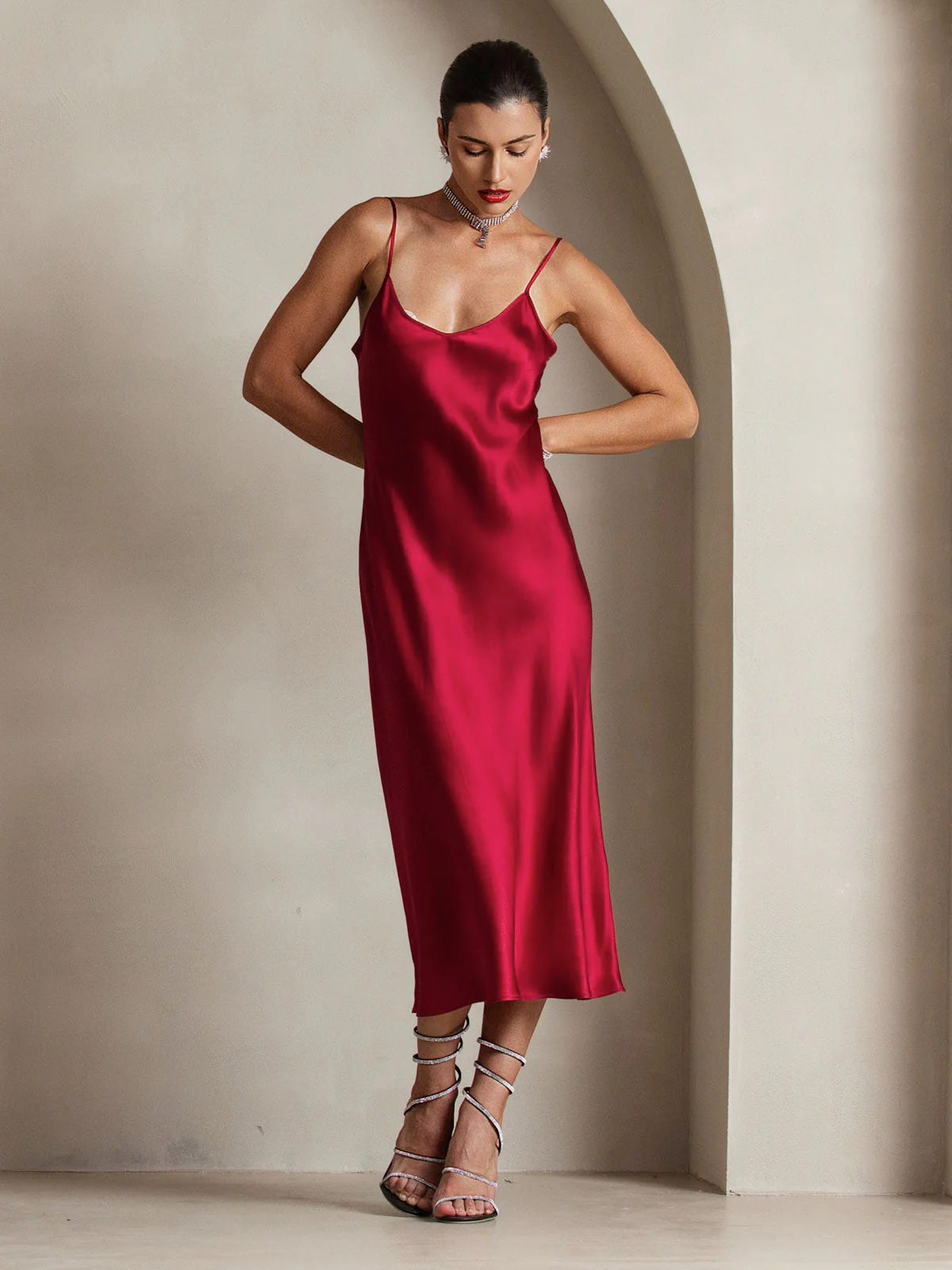 100% Soie de Mûrier Robe Longue Midi à Bretelles Spaghettis - Image 10