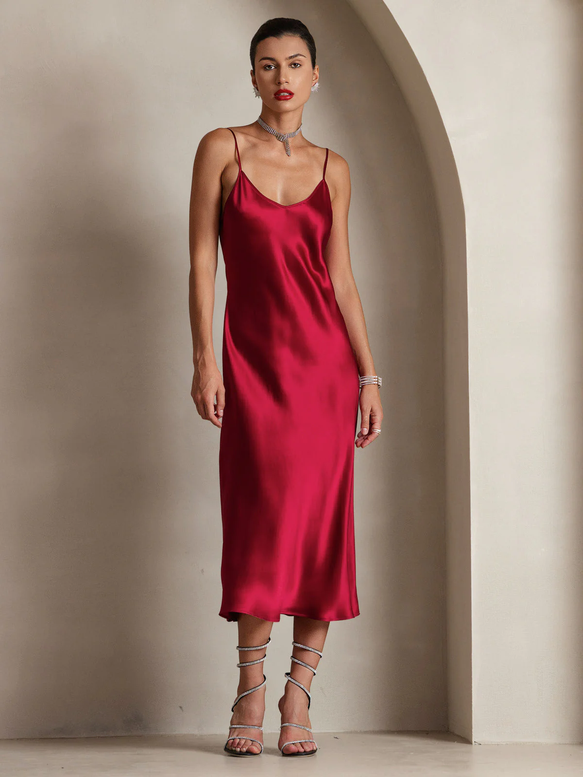 100% Soie de Mûrier Robe Longue Midi à Bretelles Spaghettis - Image 11