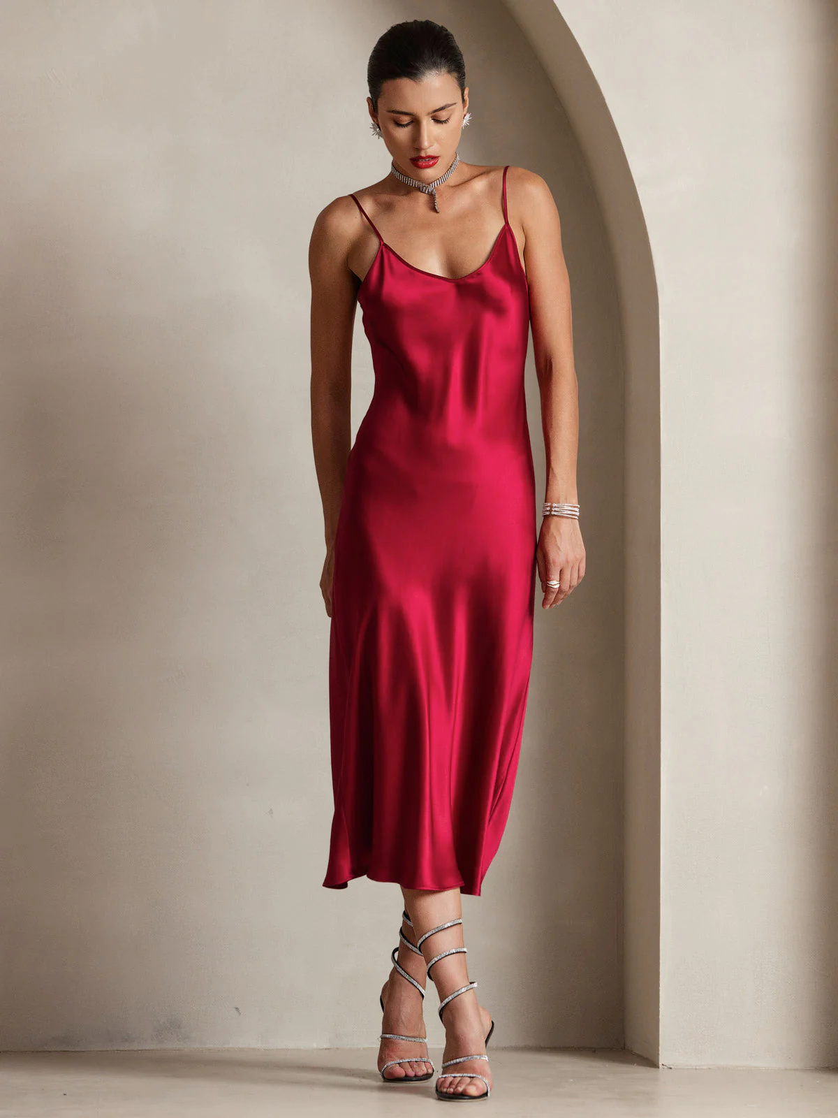 100% Soie de Mûrier Robe Longue Midi à Bretelles Spaghettis - Image 12