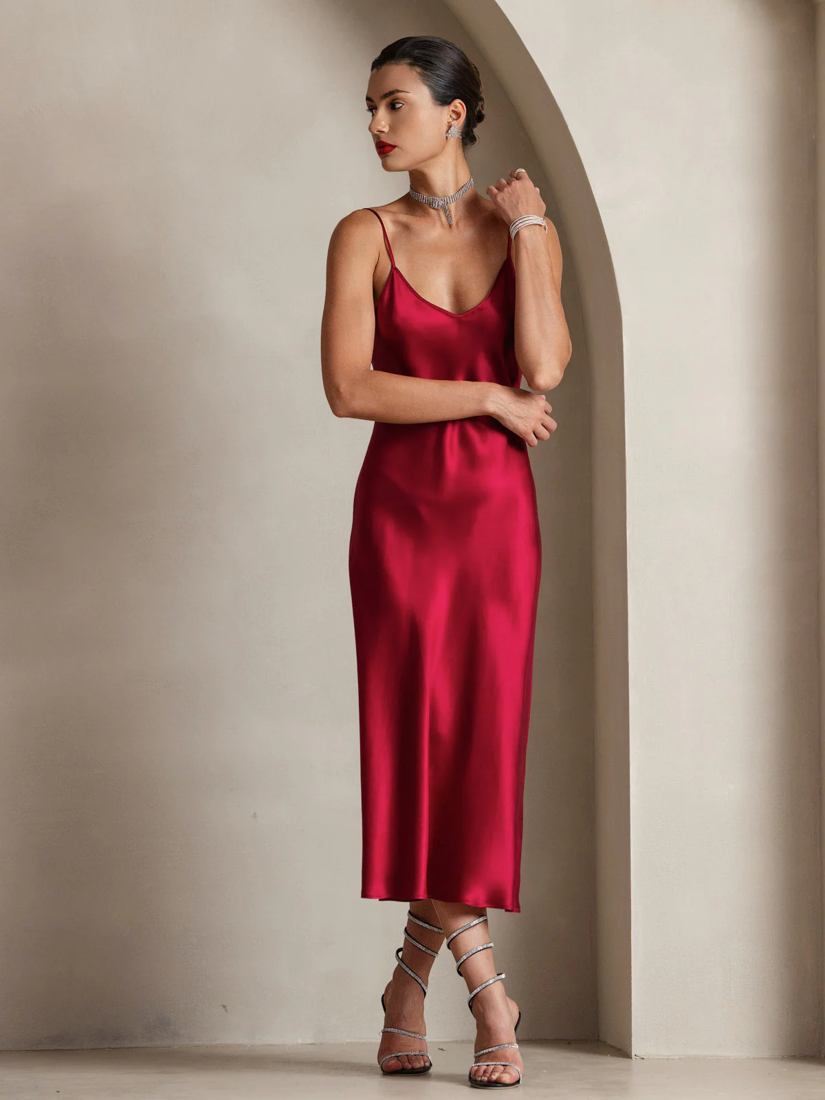 100% Soie de Mûrier Robe Longue Midi à Bretelles Spaghettis - Image 13