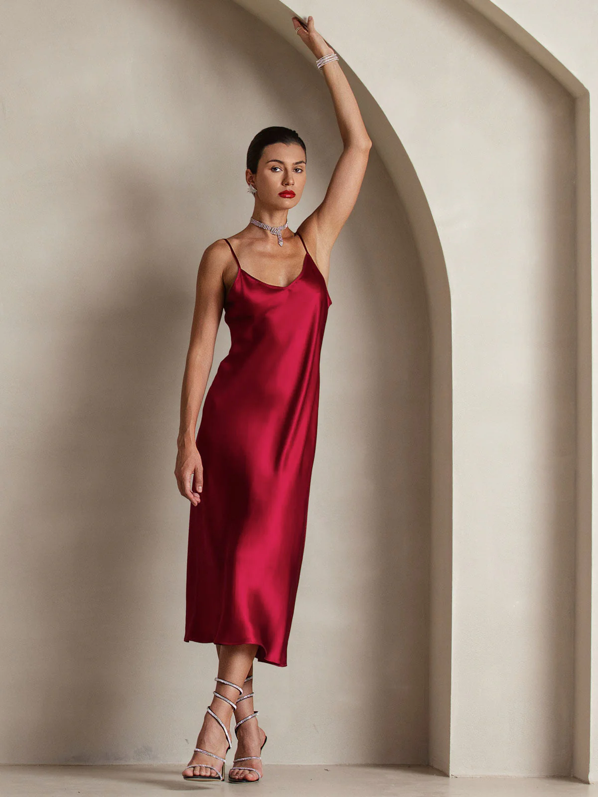 100% Soie de Mûrier Robe Longue Midi à Bretelles Spaghettis - Image 14