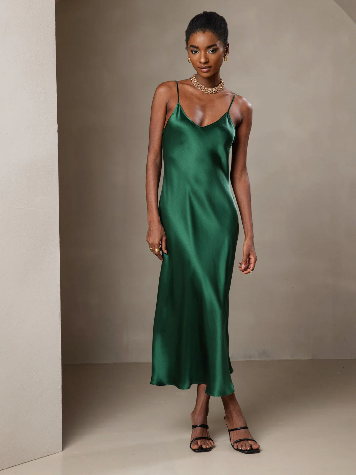 100% Soie de Mûrier Robe Longue Midi à Bretelles Spaghettis - Image 21